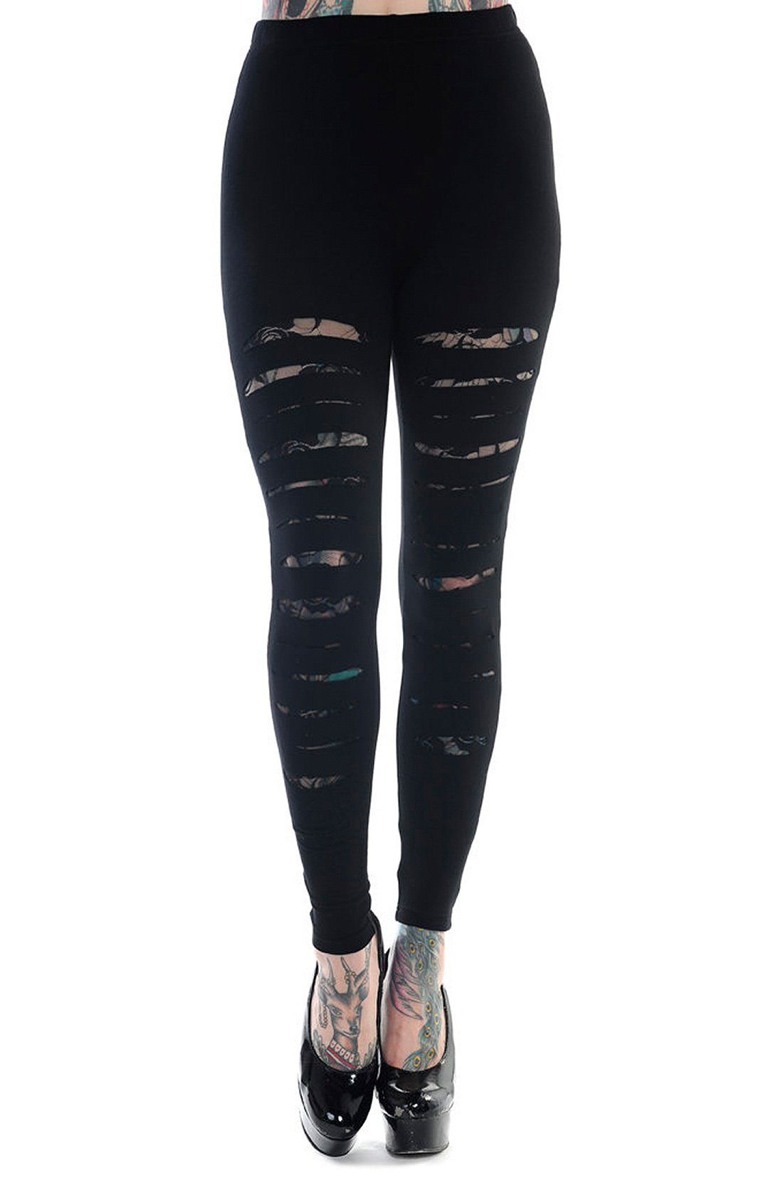 Banned Leggings Black Slashed Gothic Spitze Mesh Netz Distressed