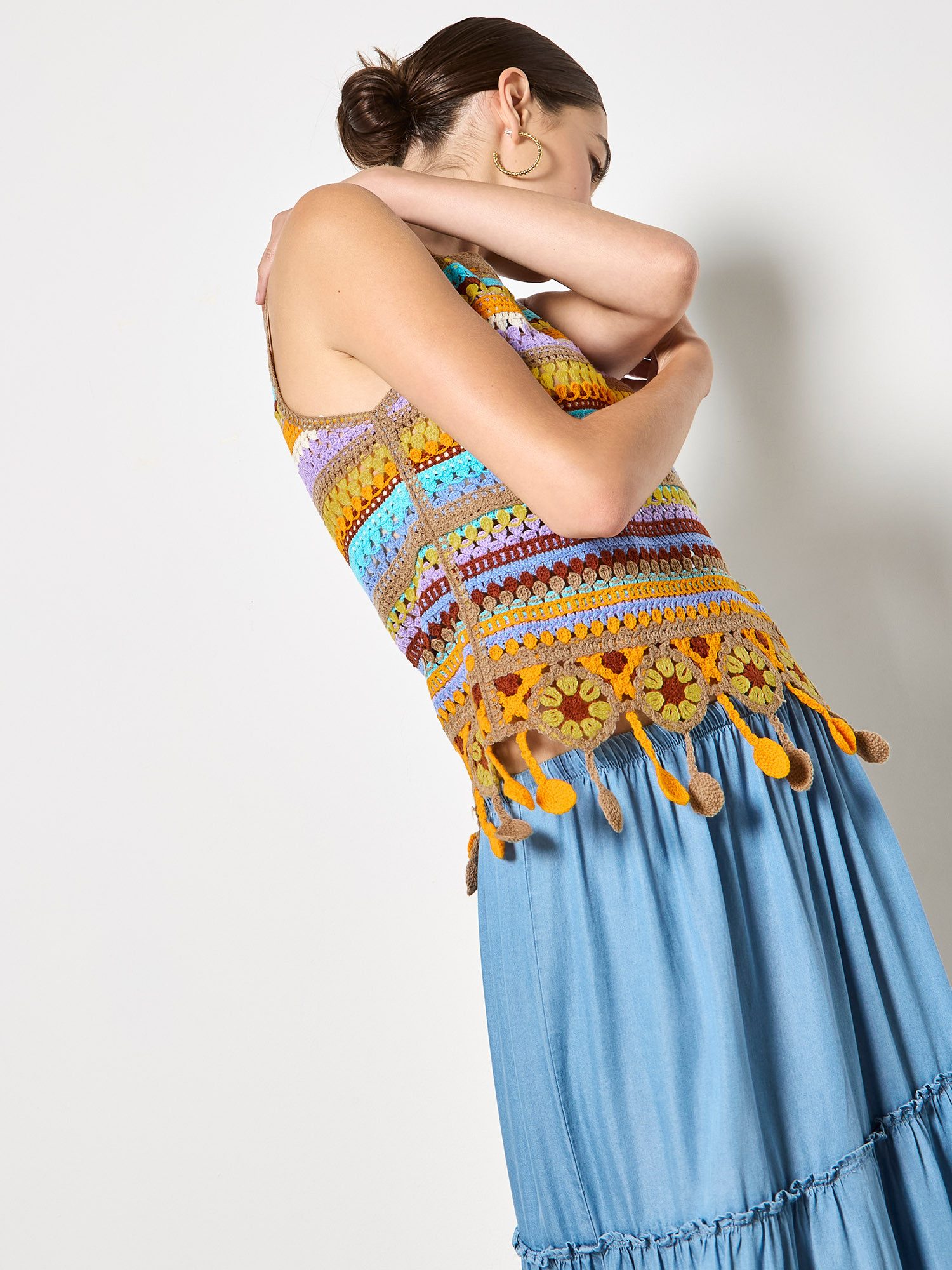 Apricot Spitzentop Bunt gestreiftes Häkel-Oberteil . mit Quasten