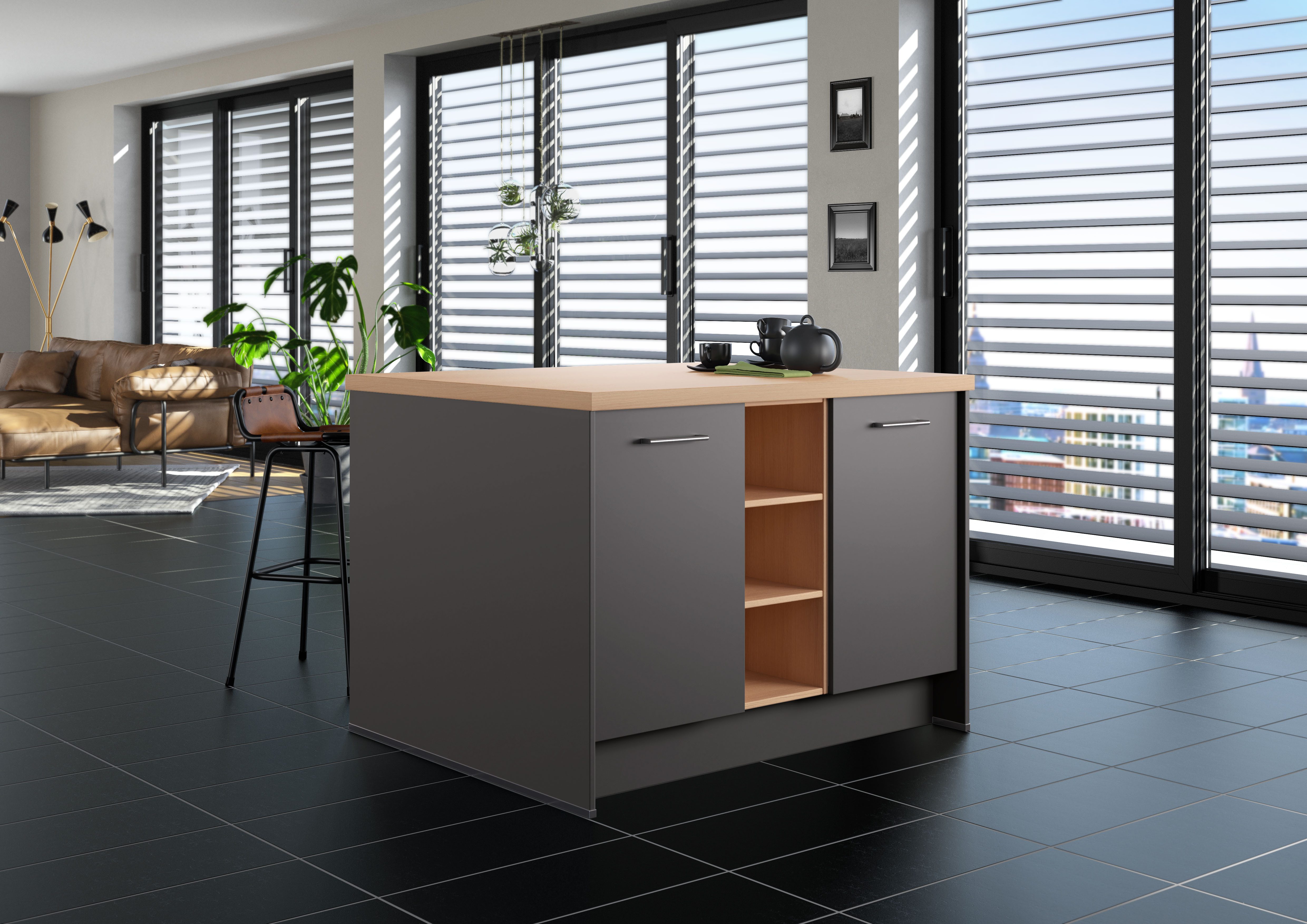 IMPULS KÜCHEN Kücheninsel Kopenhagen, flexibel stellbar, (Set), vormontiert, mit integriertem Sitzplatz auf einer Seite, Breite 123 cm