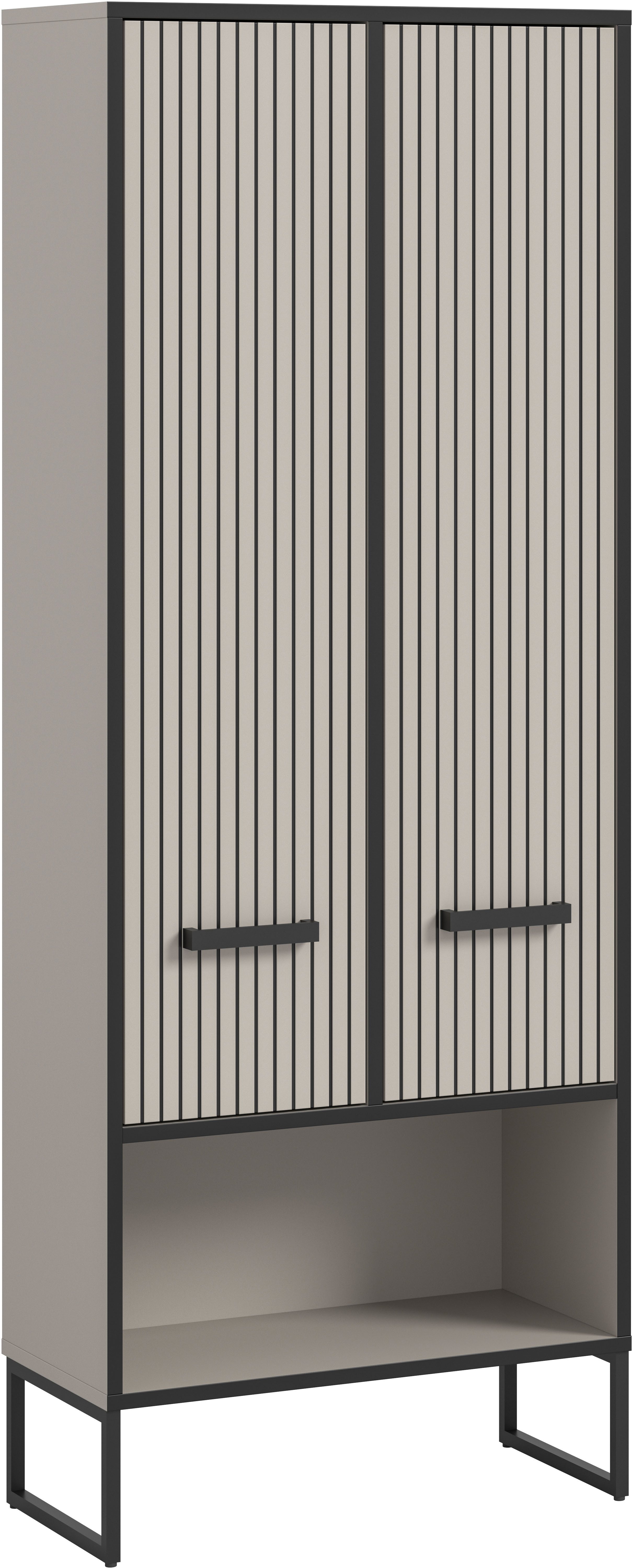 welltime Hochschrank LOCRI, Höhe 159 cm, 2 Türen, 6 Einlegeböden, 1 offenes Fach (1-St., industrial Look mit Rillenoptik & Metall Kufen) variable Einlegeböden, modernes Design, Badschrank, Bad
