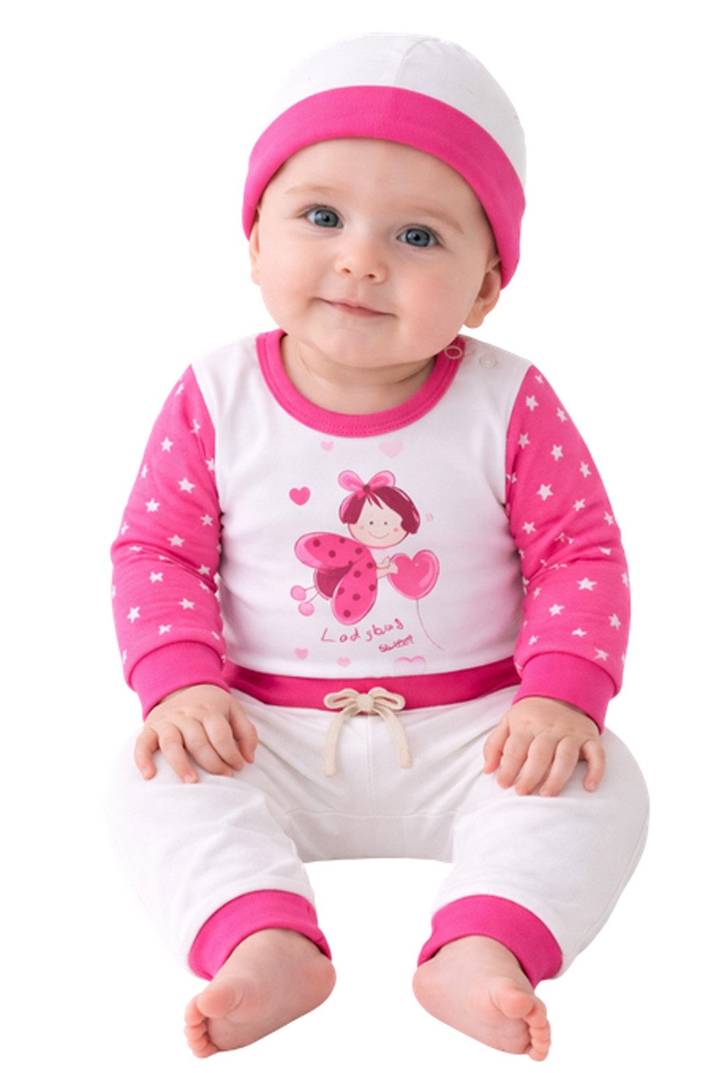 Body & Hose Baby Anzug Langarmbody Mitwachshose Mütze in weiß pink 3Tlg