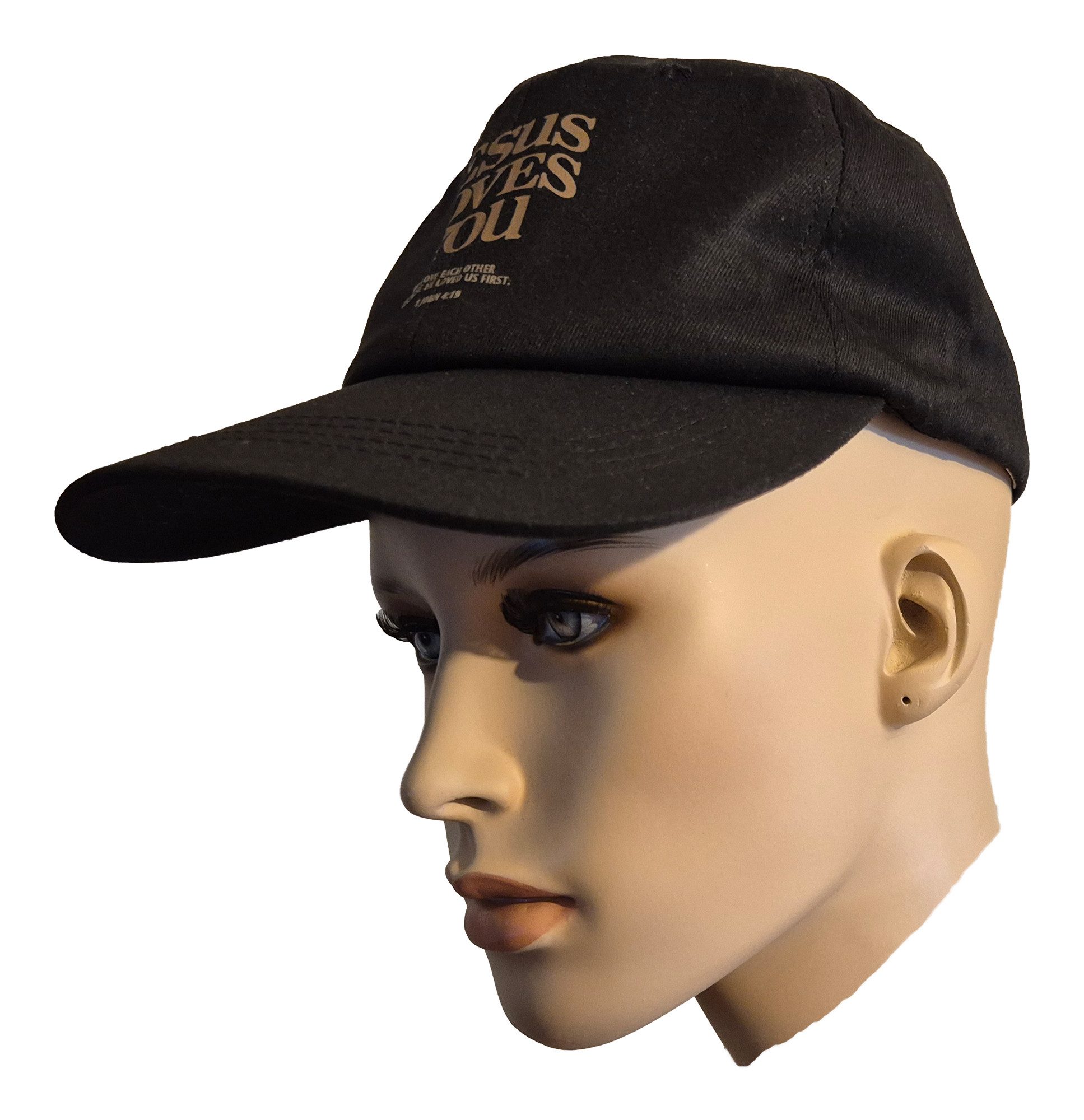 Einkaufszauber Schirmmütze Baseball Cap Schirmmütze "Jesus loves you" Schwarz besonders langer Schirm für guten Sonnenschutz