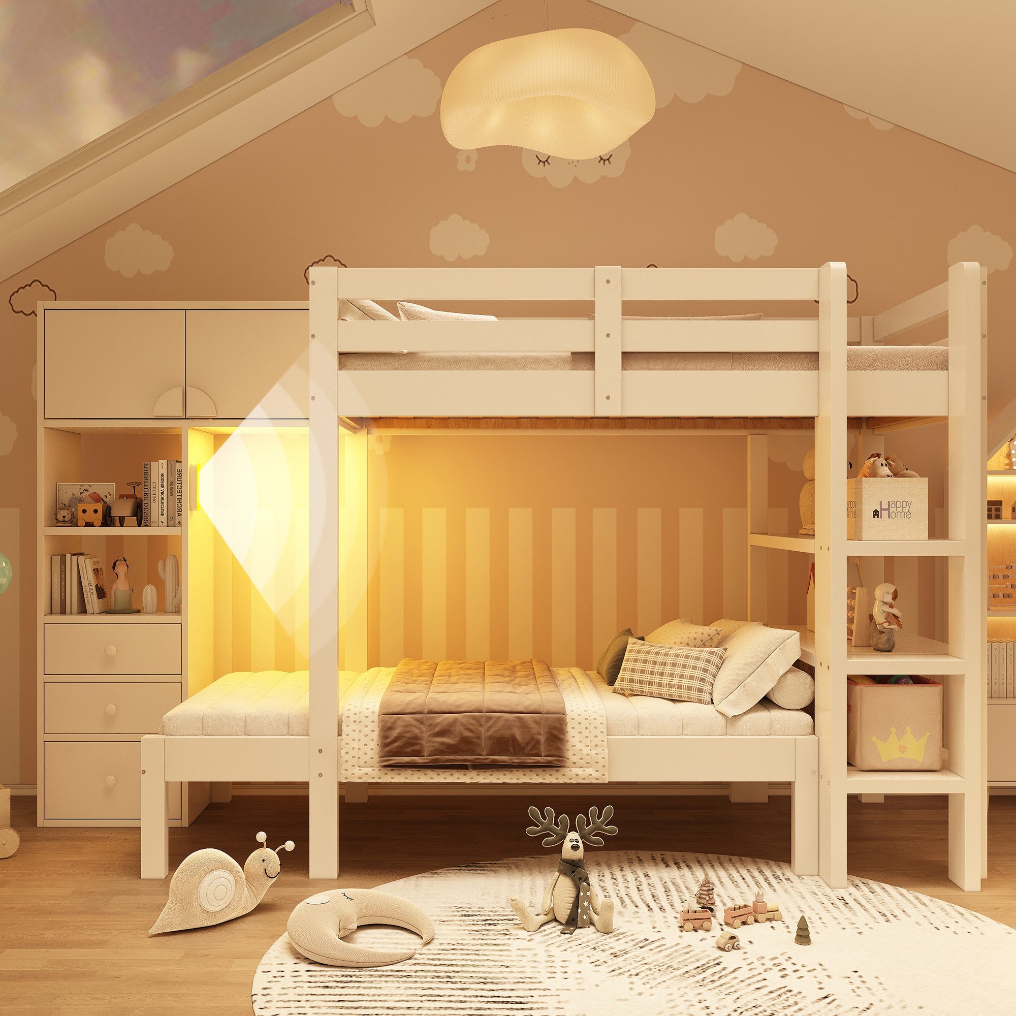 Flieks Etagenbett, Kinderbett 90x200cm mit intelligentem Nachtlicht, Schran günstig online kaufen