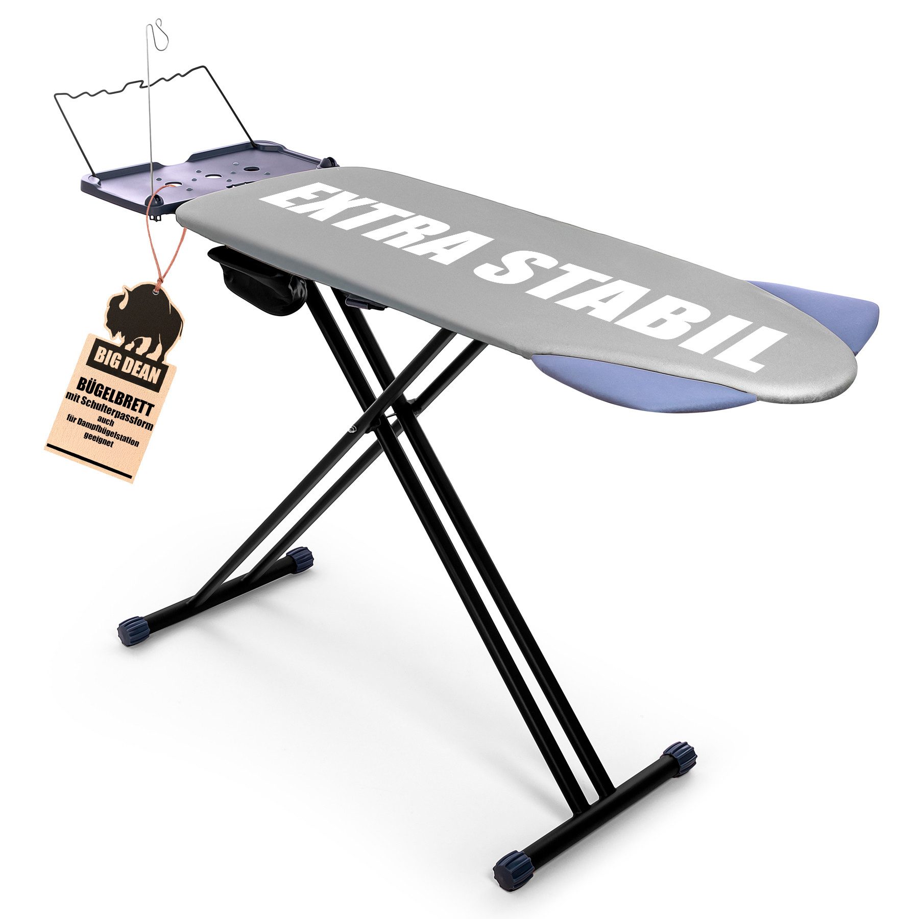 BigDean Bügelbrett XXL (120x45 cm Bügelfläche) inkl. ausklappbarer Schulterpassform, Bügelfläche 120x45 cm, Breite Stahlkonstruktion, Kindersicherung, Kabelführung, Seitentasche