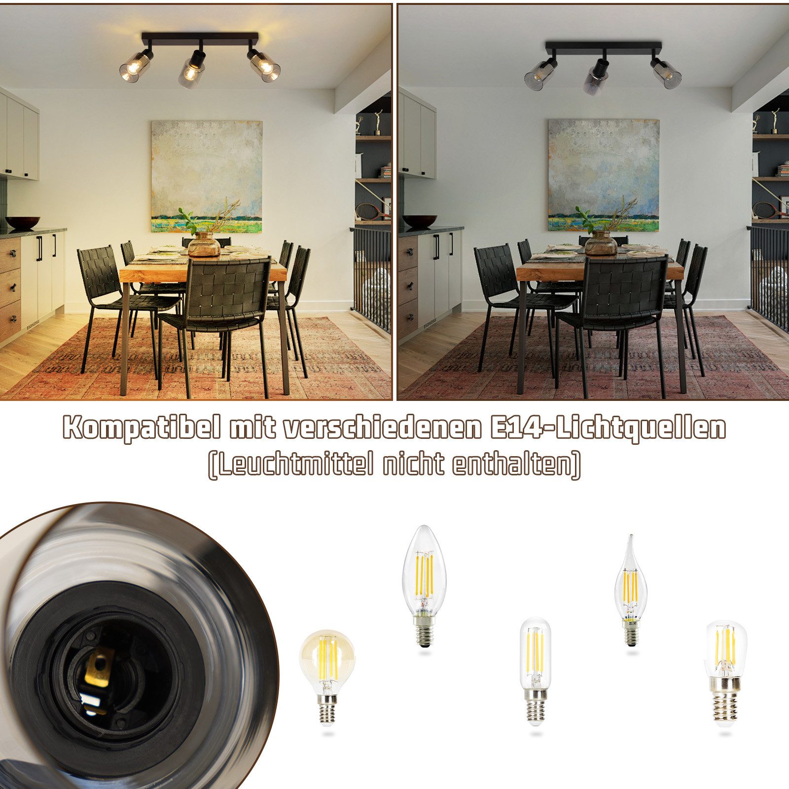 Nettlife Deckenstrahler Schwarz Vintage Glas E14 3 flammig Metall Deckenleu günstig online kaufen