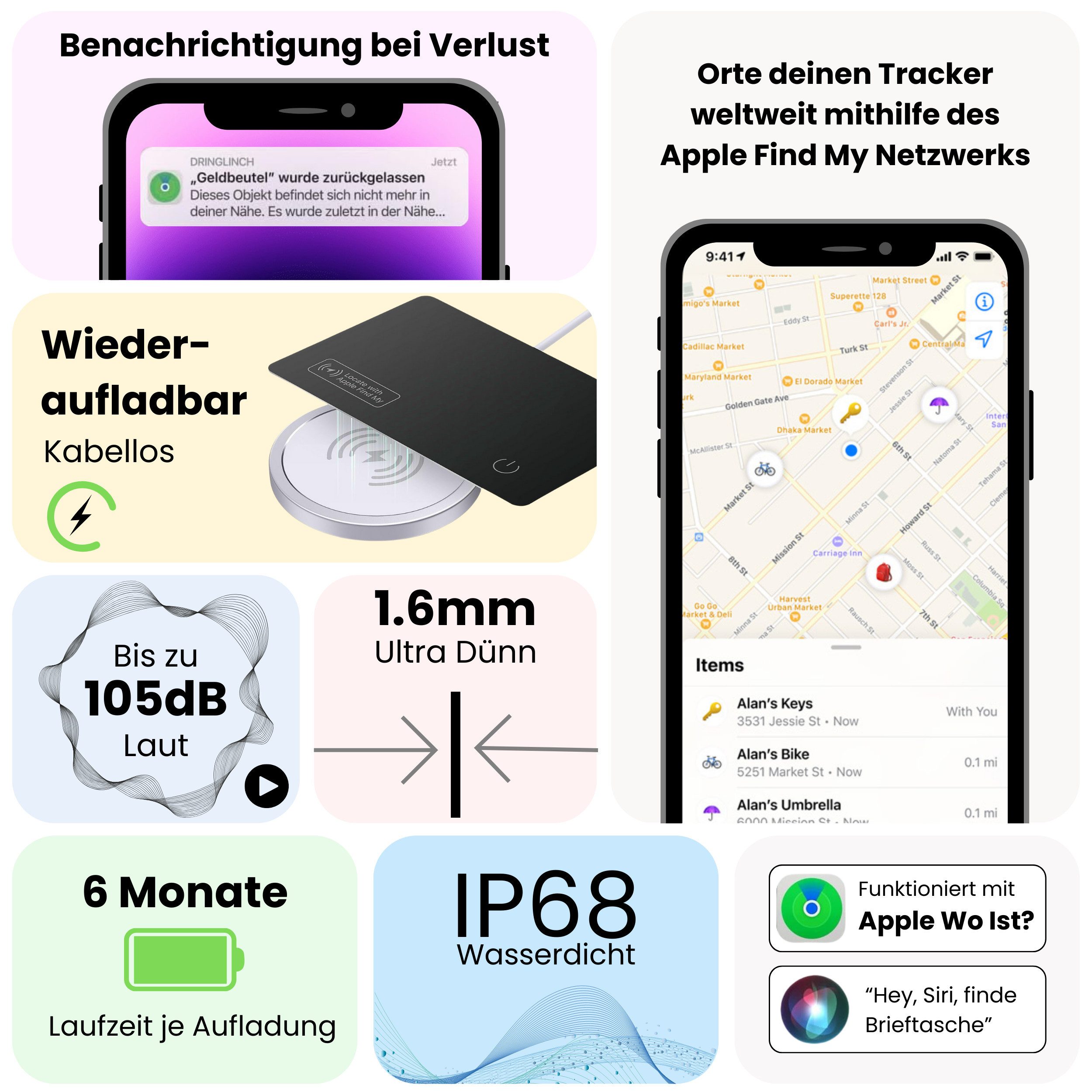 S&T Design GPS Tracker Karte im Kartenformat für die Brieftasche GPS-Tracker (IP68 Apple Wo Ist? (iOS) Kompatibel, GPS Ortung Wallet Tracker Karte)