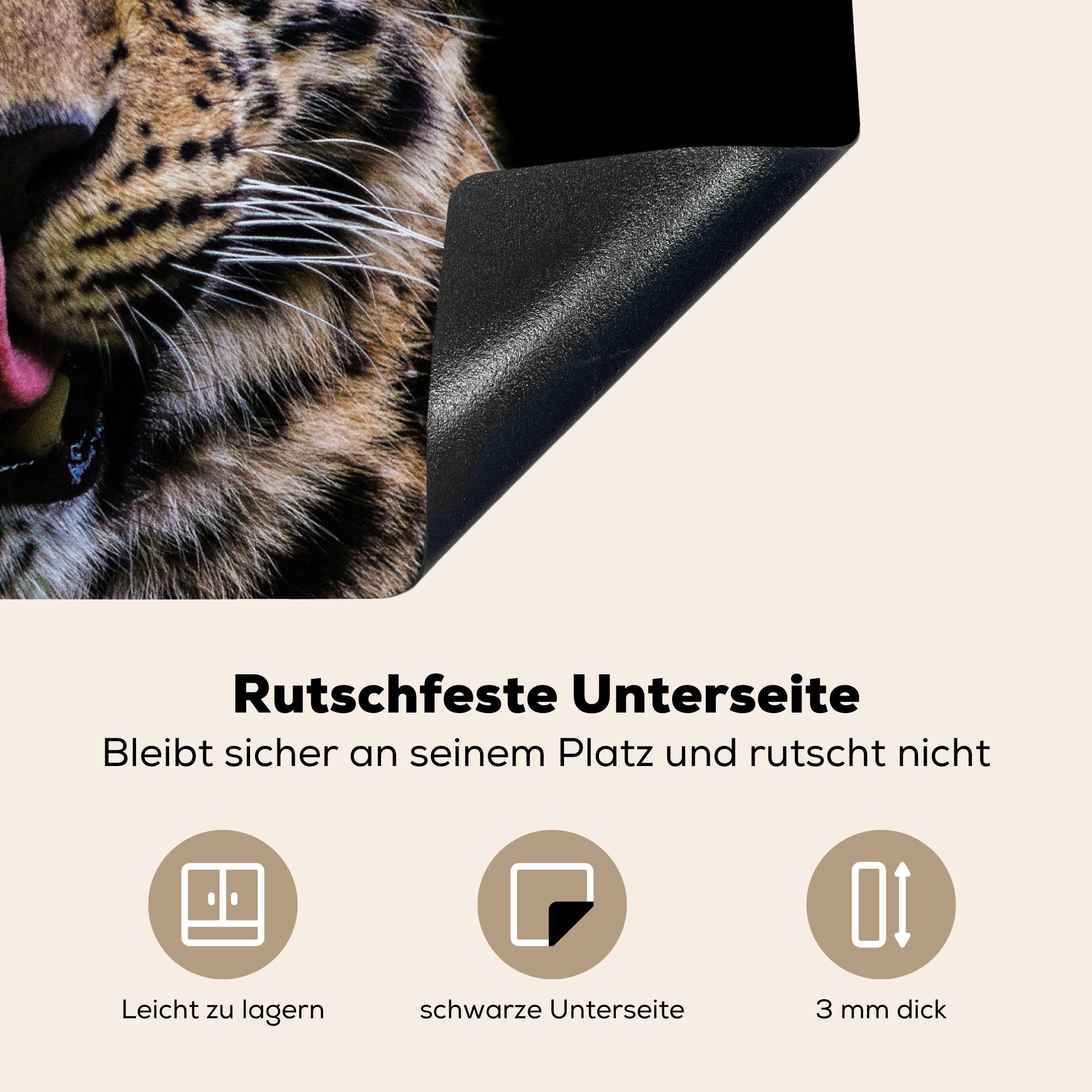 Induktionsmatte für Nahaufnahme, MuchoWow Leopard tlg), - Ceranfeldabdeckung küche, (1 die 59x52 Vinyl, cm, Herdblende-/Abdeckplatte - Schwarz