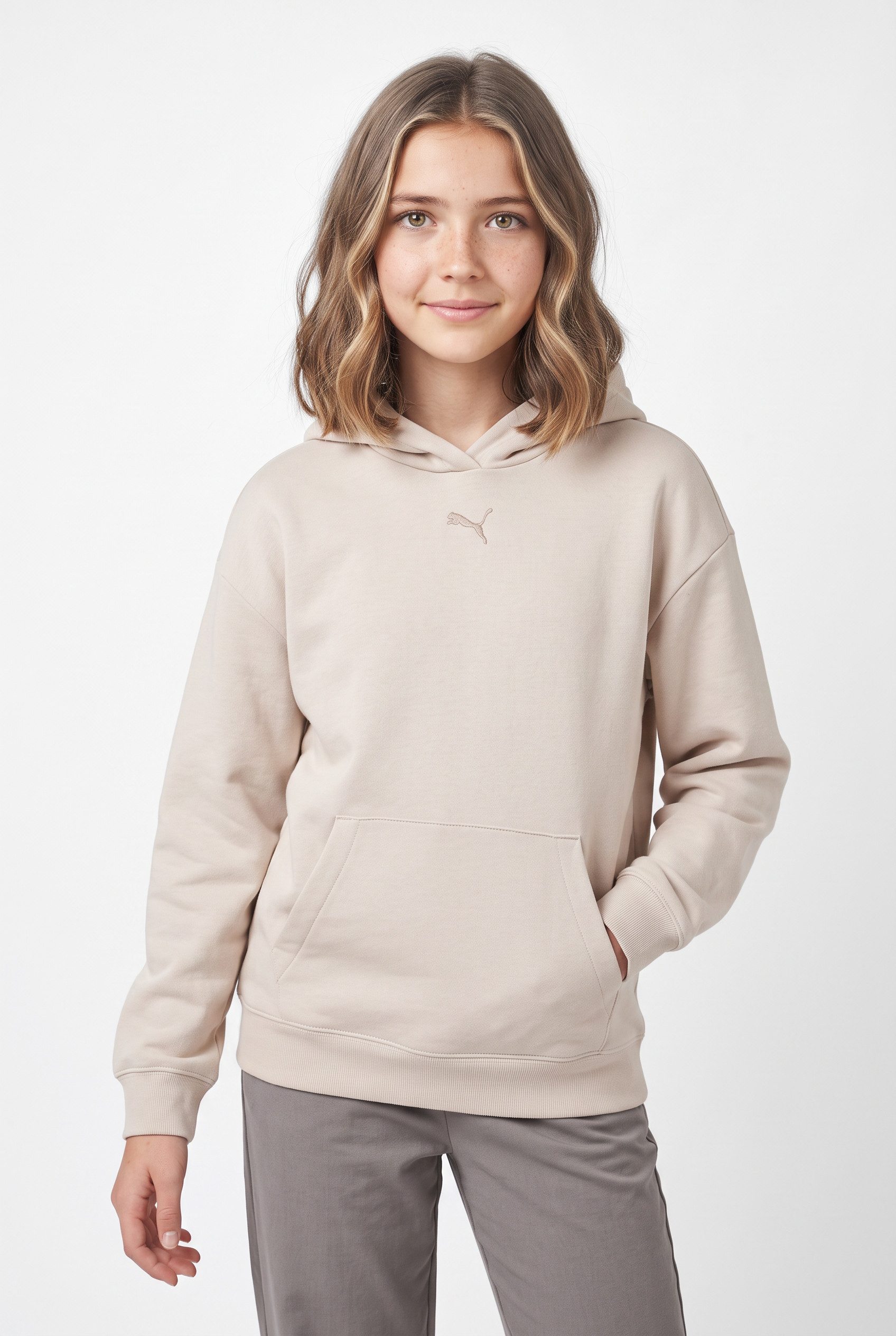 PUMA Kapuzensweatshirt ESS CENTERED CAT LOGO RELAXED HOODIE FL G mit Kapuze, mit angesetztem Bündchen