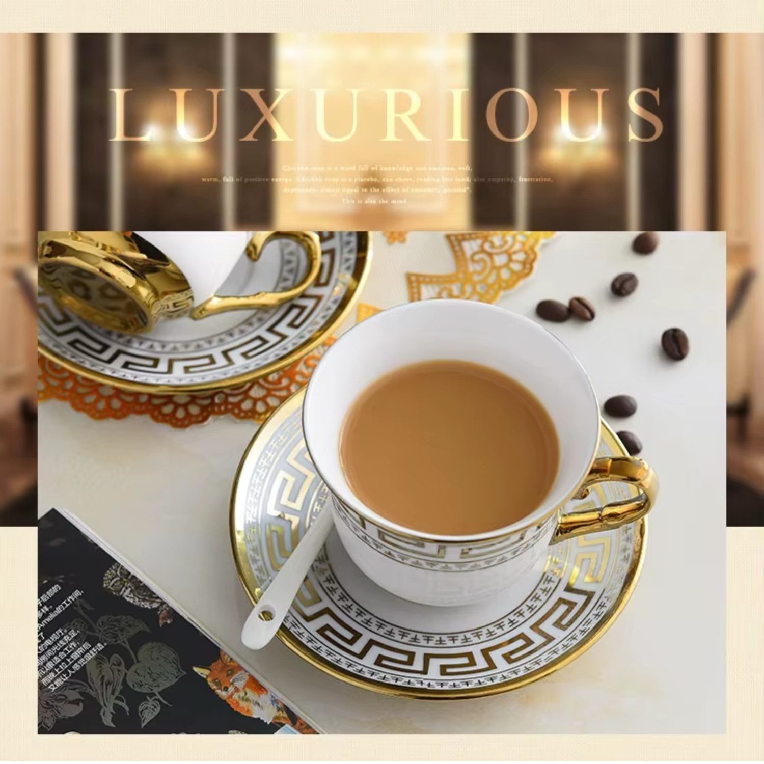 Quality Elegance Tasse Luxus Bone-China Coffee Cup Set – 6 Kaffeetassen mit Golddekor, Bone China