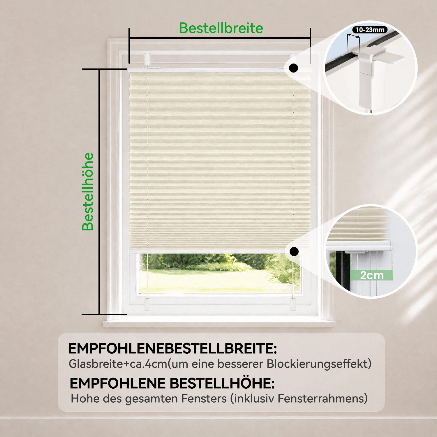 OUBO Plissee Faltrollo Ohne Bohren, Lichtschutz, Klemmträger,Easyfix, Lichtschutz, verspannt, Klemmfix, Jalousie für Fenster & Tür