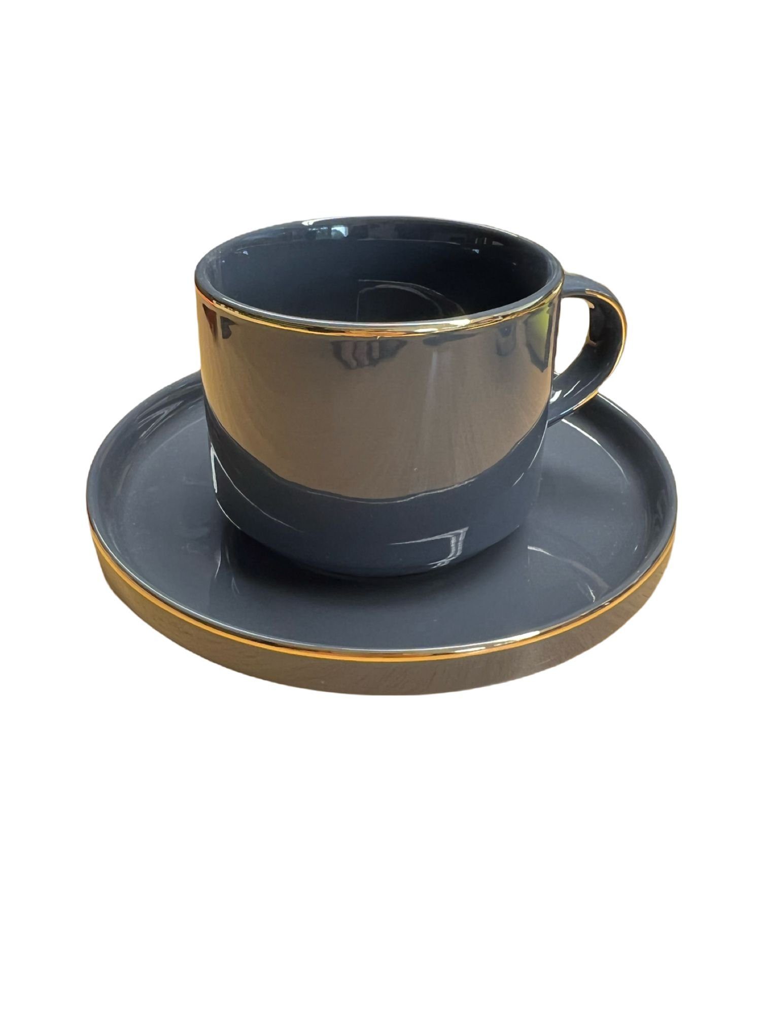Tasse mit 12-Teiliges aus Porzellan Grau Umrandung mit Gold Kaffeebecher Kaffeeset Gold Grau ZELLERFELD mit Kaffeeservice Kaffeeset Untertassen