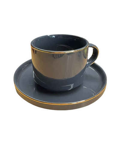 ZELLERFELD Kaffeeservice 12-Teiliges Kaffeeset aus Porzellan mit Untertassen Kaffeebecher Tasse Grau mit Gold Umrandung