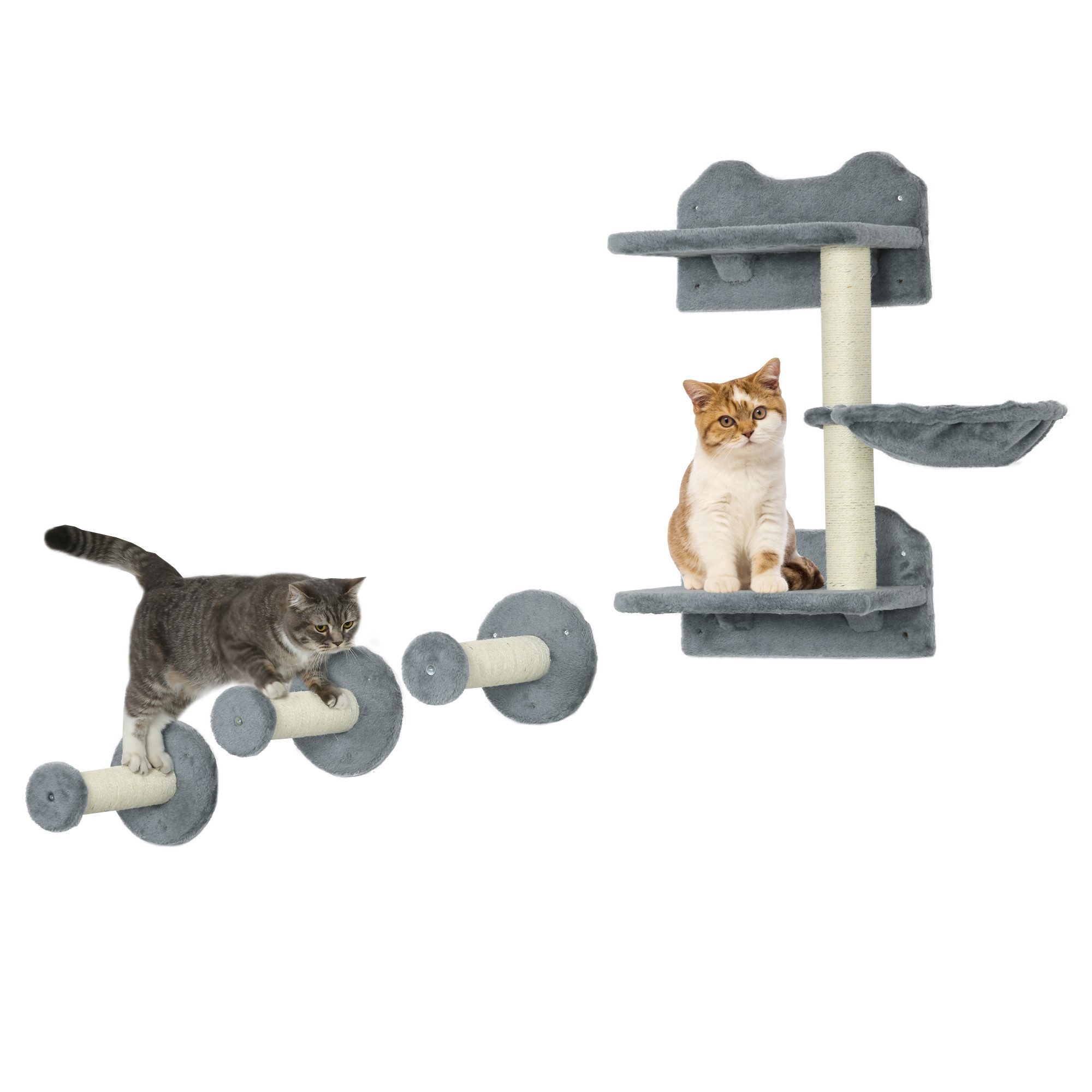 PawHut Katzen-Kletterwand Katzen Kletterwand, 4-teilig, Katzentreppe, mit Hängematte, Sisal, Grau, 40 x 28 x 73cm