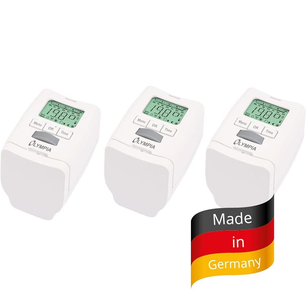OLYMPIA OFFICE Heizkörperthermostat HT 430-22 3er Set Elektronisch Heizungsthermostat programmierbar smart, (inkl. Adapter: Danfoss RA, Danfoss RAV, Danfoss RAVL) Heizkörper Heizungsregeler, Thermostat, Heizkörperthermostat, Batterie