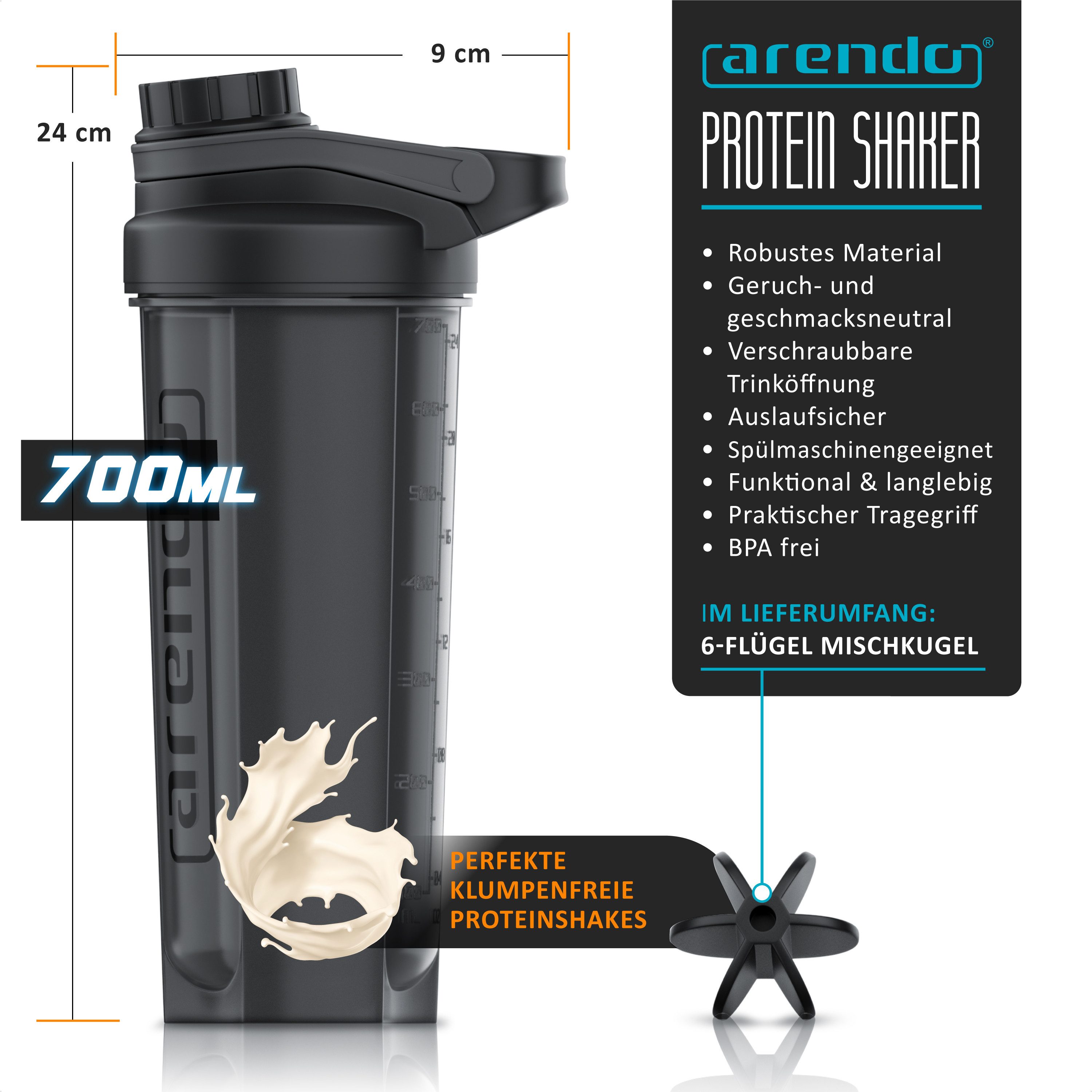 Arendo Protein Shaker Eiweißshaker 700 ml, verschließbar, spülmaschinengeeignet, Kunststoff, (1-tlg., Protein Shaker inkl. Mixball), Eiweiß Mixbecher, BPA-frei, für unterwegs, Yoga, Fitness, Sport