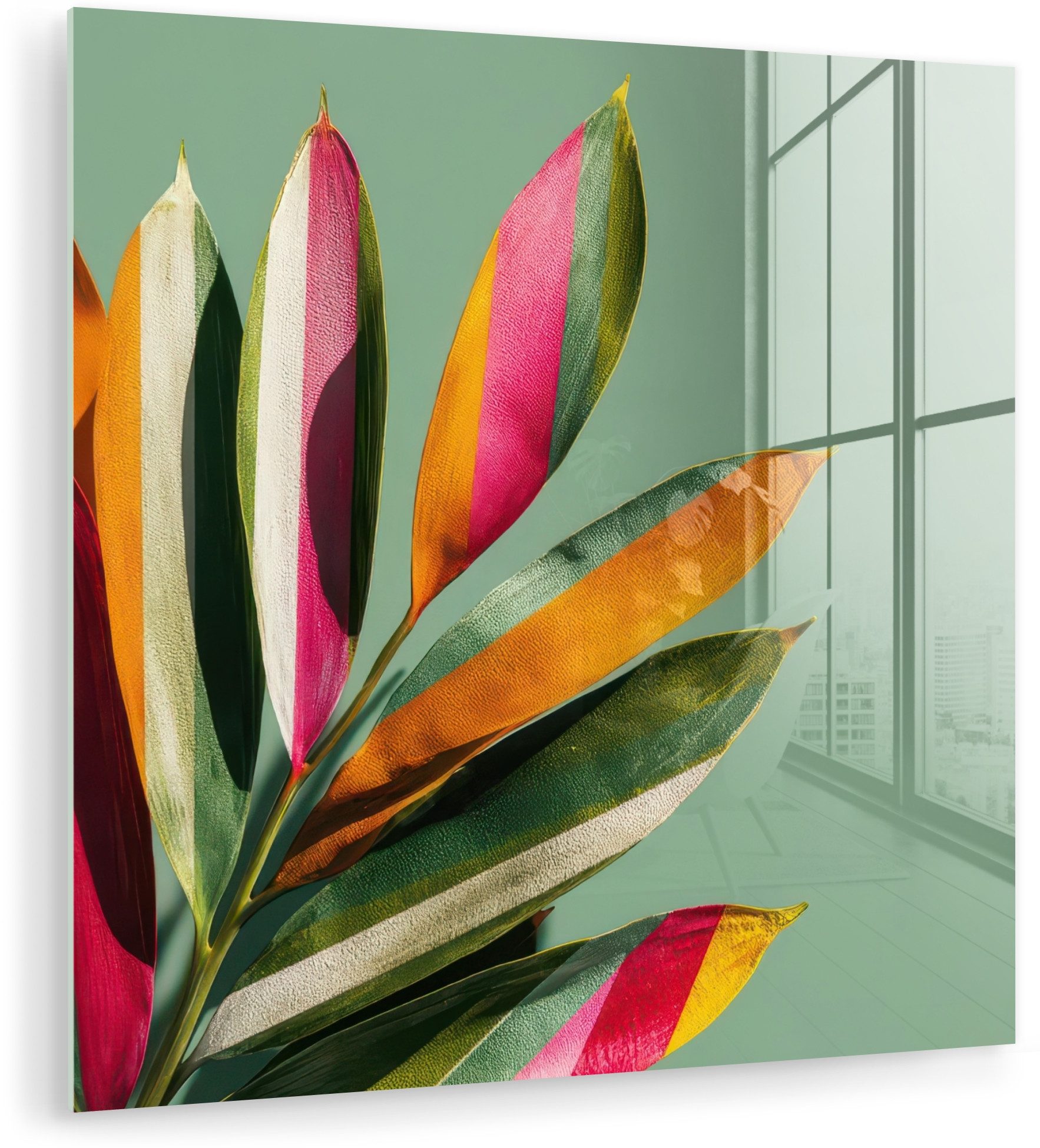 MuchoWow Acrylglasbild Blätter - Zweig - Bunt, Inkl. Aufhängung, Bilder auf Glas Wandbild, Wanddeko Wohnzimmer Badezimmer, 20x20 cm