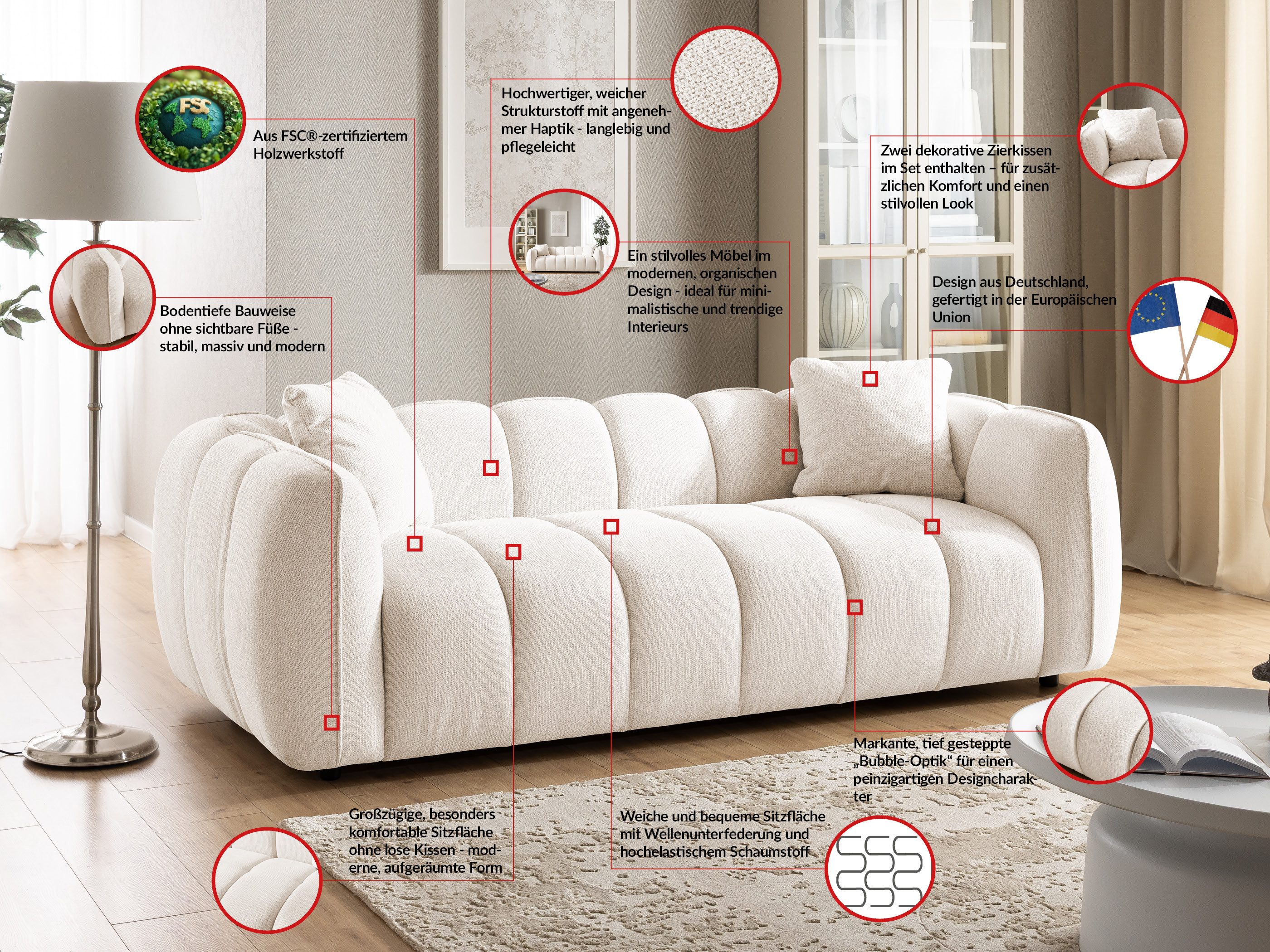 S-Style Möbel Polstergarnitur 3+2+1 Nubira in tief gesteppter Bubble-Optik aus Strukturstoff, mit modernem Design und Wellenfederung – Bild 5 von 5