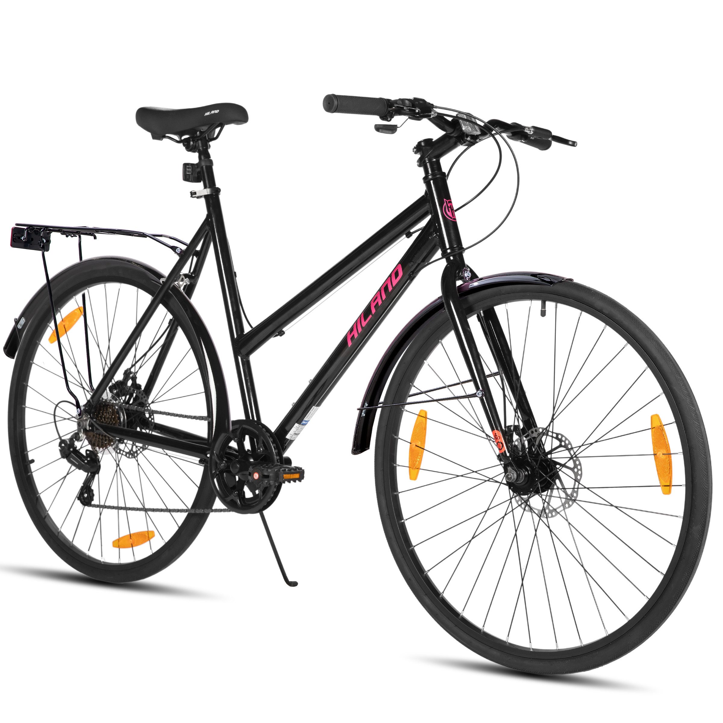 HILAND Cityrad 700C Herren Damen Student Aluminiumlegierung Pendler Stadtfahrrad, 7-Gang, mit Schutzblechen, Gepäckträger, Mechanische Scheibenbremse