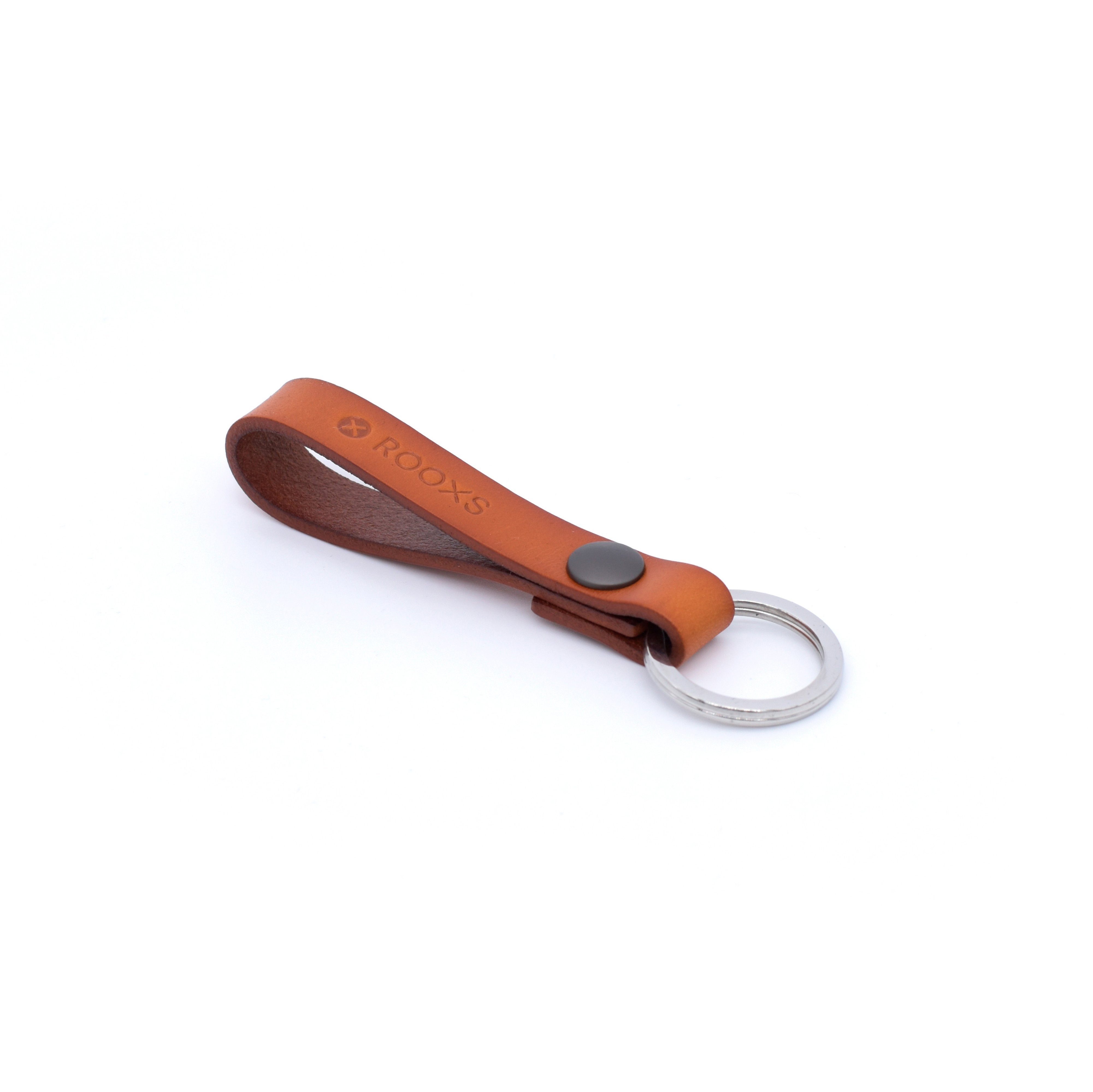 Cognac Leder Lederanhänger, Echtleder Schlüsselanhänger mit Edelstahl ROOXS Ring Schlüsselband aus 100%