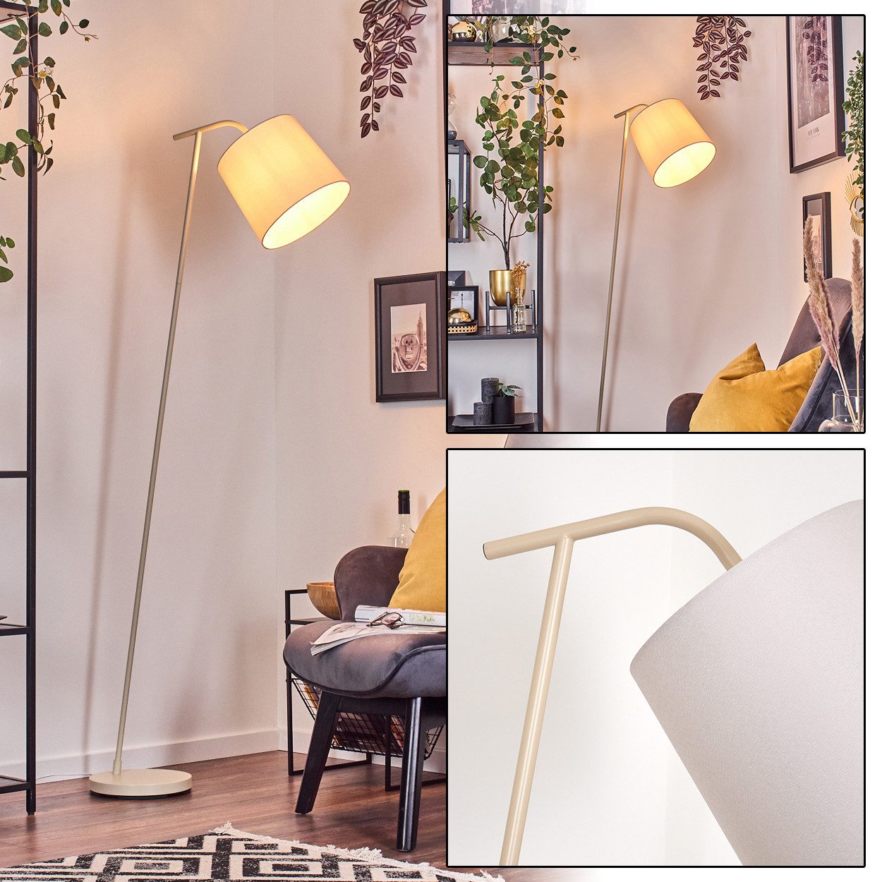 hofstein Stehlampe Stehlampe aus Metall/Stoff in Beige/Weiß, ohne Leuchtmittel, mit rundem Schirm (25 cm) u. Fußschalter, 1 x E27, ohne …