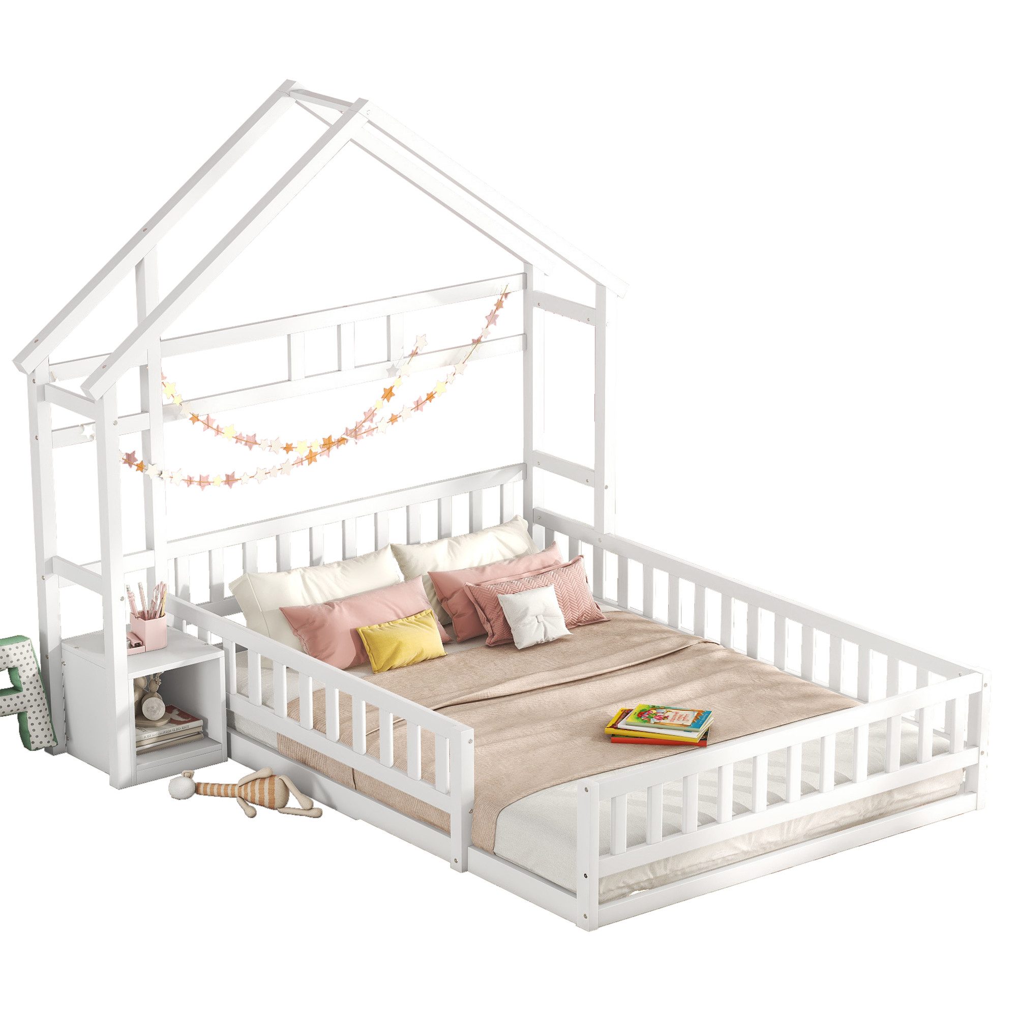 Merax Holzbett, mit Nachttisch und Rausfallschutz,Kinderbett 140x200 cm,Hausbett