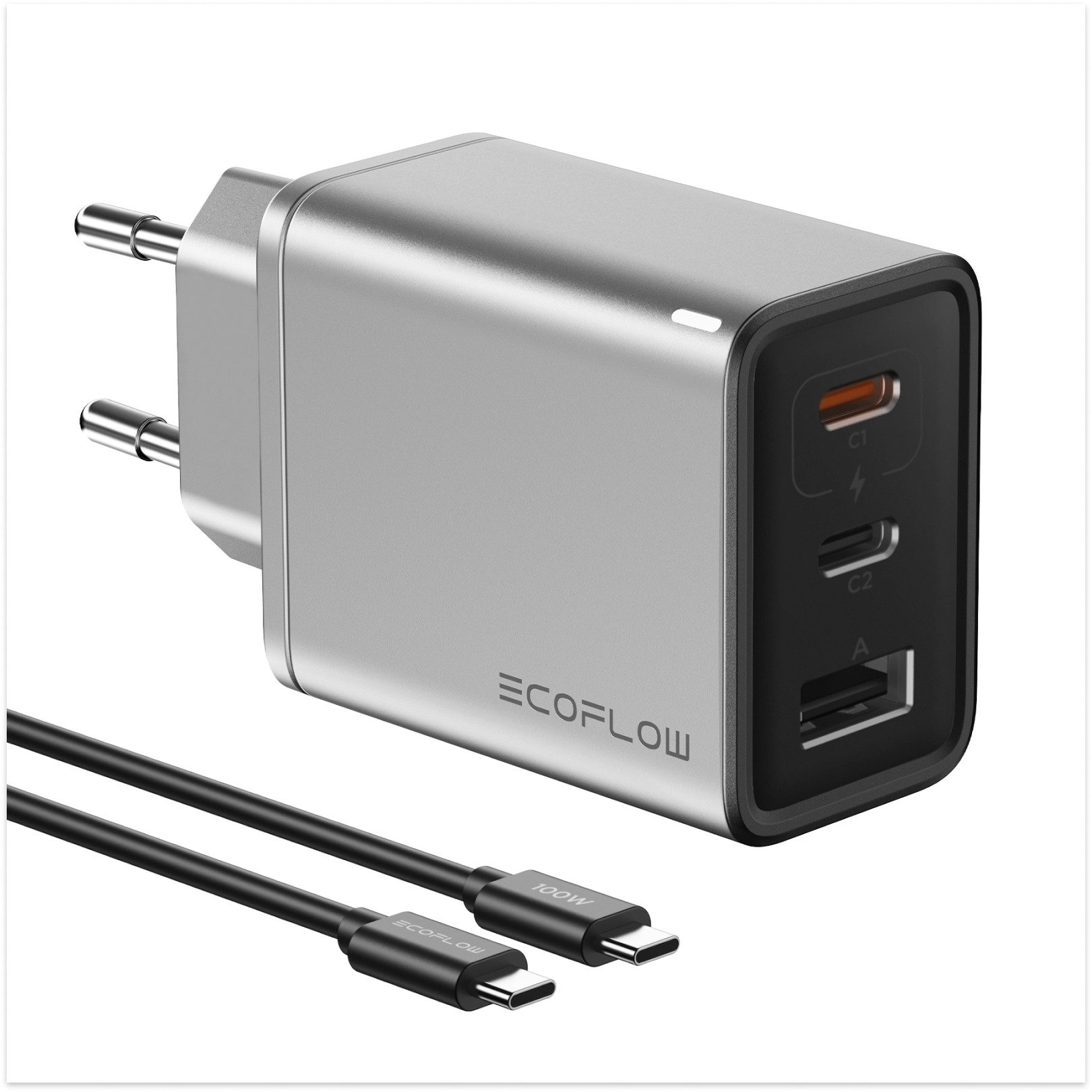 Ecoflow EcoFlow USB C Ladegerät GaN Rapid 65W Schnellladegerät mit 100W Kabel USB-Ladegerät (GaN Technologie, 3 Geräte gleichzeitig aufladen, Schnelles Aufladen)