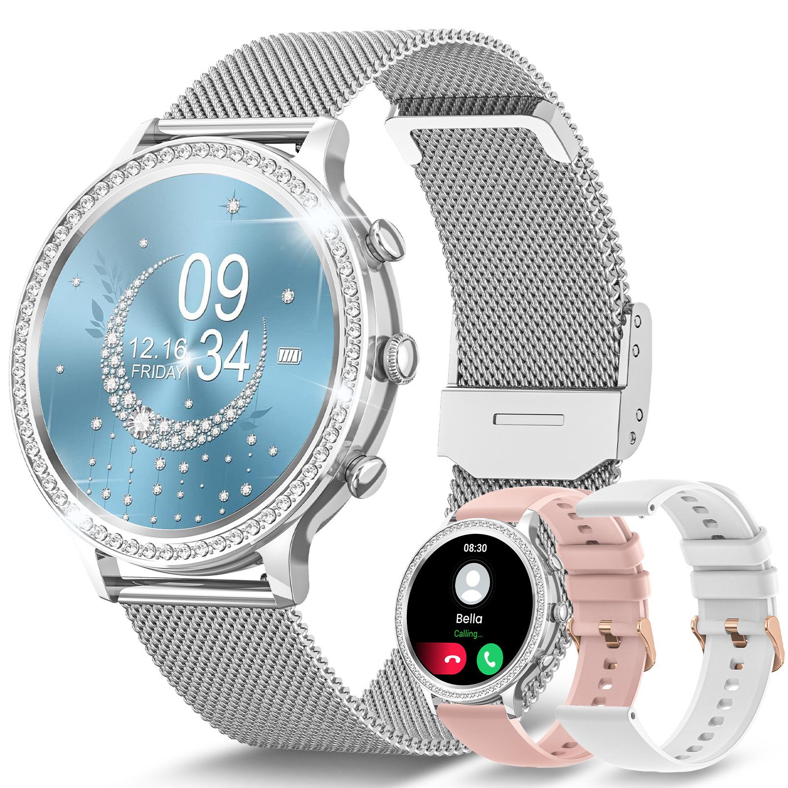 Sanorum Smartwatch Damen mit Telefonfunktion Smartwatch (3.35 cm/1,32 Zoll, HD Voll Touchscreen) Mit Menstruationszyklus, 24/7 Pulsuhr Schlafmonitor SpO2, IP68 Wasserdicht staubdicht Sportuhr für iOS Android
