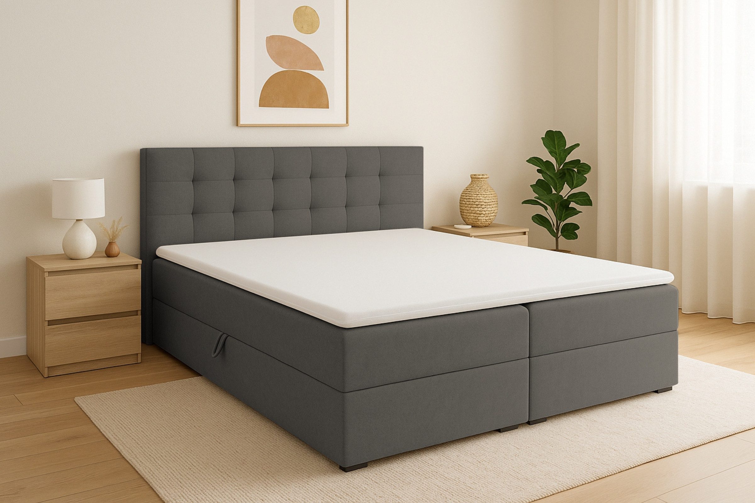 Deine Möbel 24 Boxspringbett FLORIDA Boxbett Schlafzimmerbett Ehebett in Stoff Schlafzimmer (Polsterbett mit Bonnellfederkern-Matratzen H3 Braun Dunkelgrau, 3-St., inkl. Topper, inkl. Bettkästen Beige Schwarz), 140x200 160x200 180x200 200x200 Grau Hellgrau