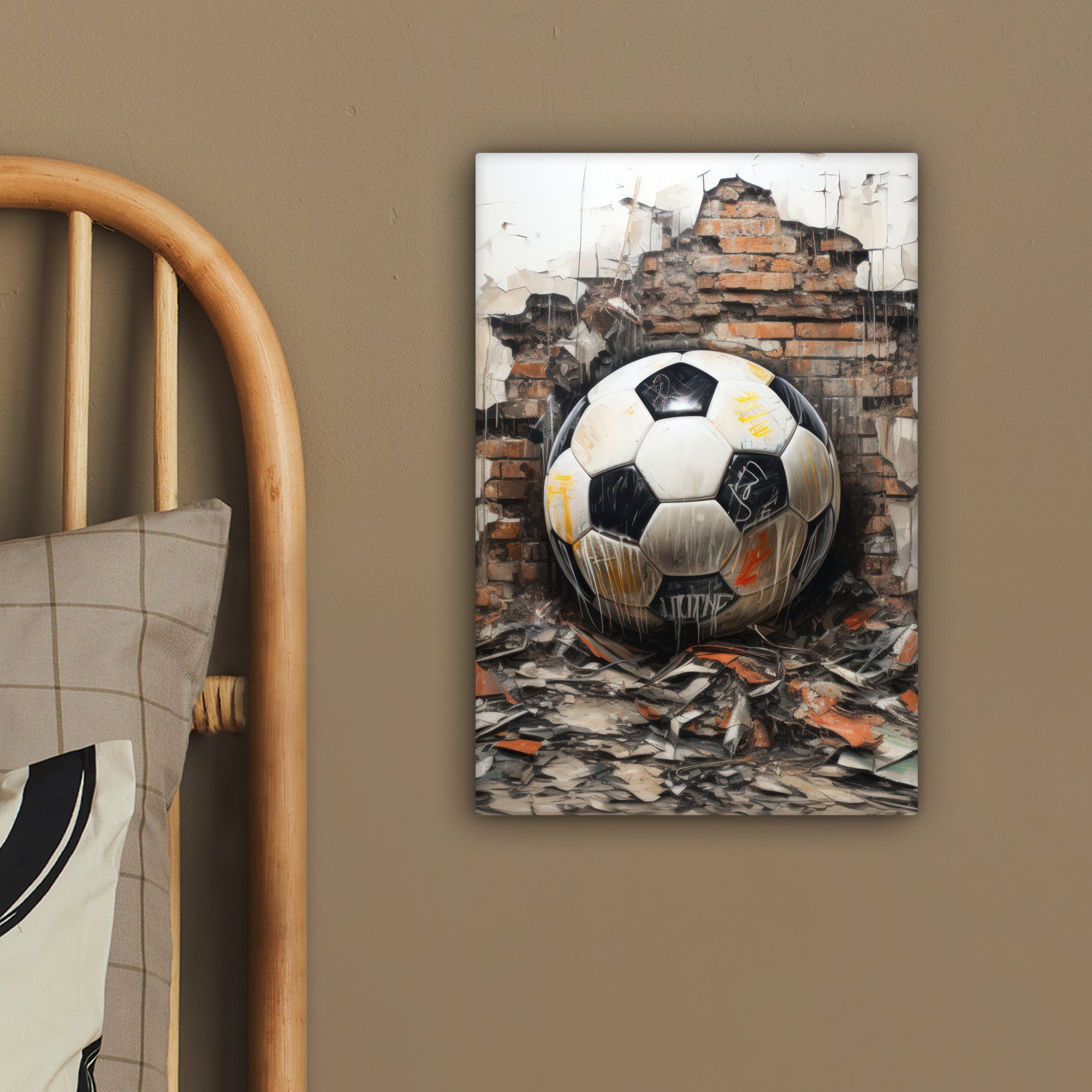 Leinwandbild 20x30 inkl. Weiß, - cm bespannt Zackenaufhänger, Schwarz Leinwandbild - St), - Fußball Gemälde, Wand (1 fertig OneMillionCanvasses®