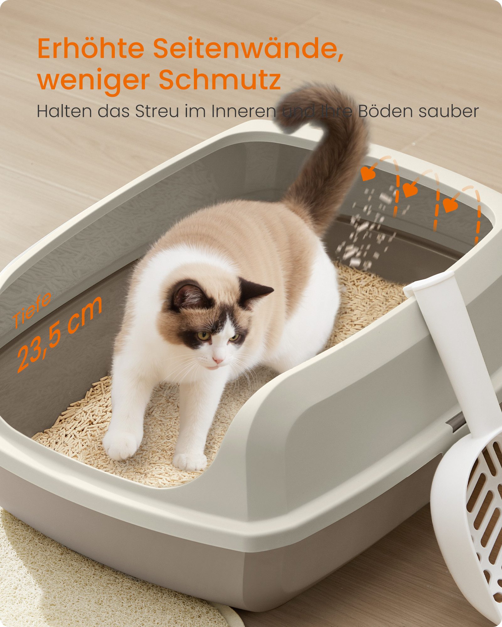 FEANDREA Katzentoilette Katzenklo, offene Katzentoilette, für Kätzchen und große Katzen, mit hohen Seitenwänden, XXL, mit Schaufel, 56 x 42 x 23,5 cm