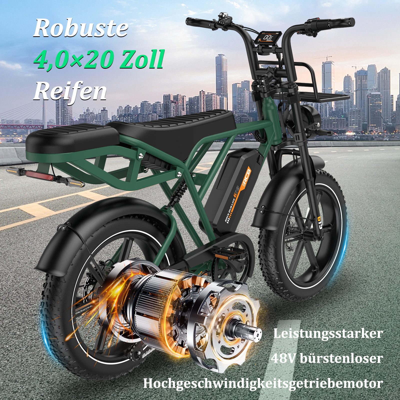 RCB E-Bike Pedelec G19, NFC&APP, 22,5Ah, 120–130KM Reichweite, 20×4,0Zoll Elektrofahrrad, 7 Gang, 250W Heckmotor, 1080 Wh, Blinker, Drehmomentsensor, Steigfähigkeit bis 21,26 % (ca. 12)
