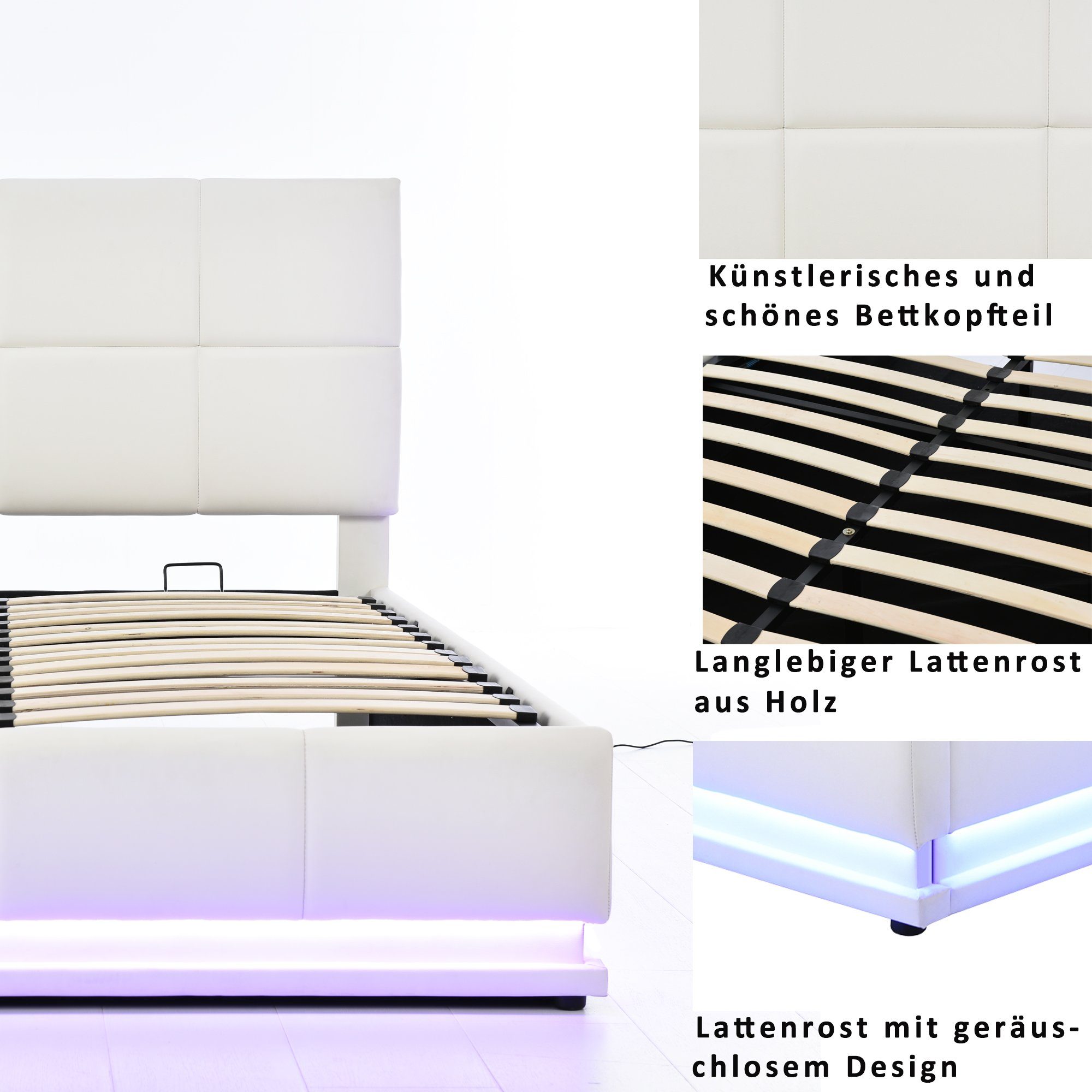 Kunstleder LED 140x200cm Polsterbett, Doppelbett hydraulisches Flieks Weiß