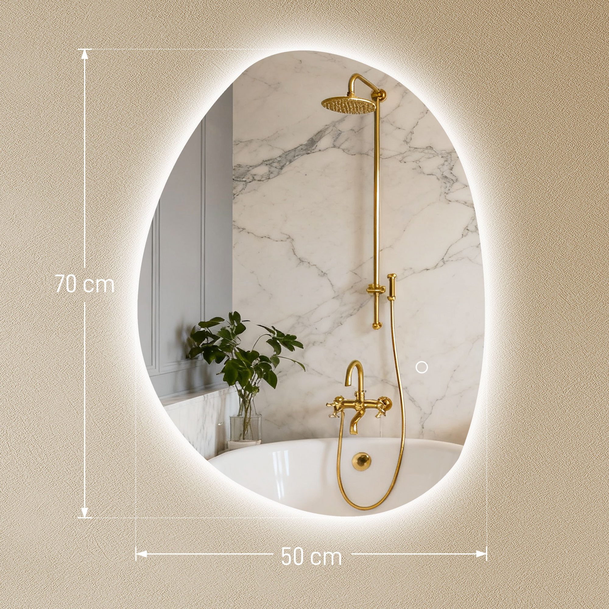 HOMCOM Badspiegel Beleuchtung, 3 Lichtfarben, Touch-Schalter, asymmetrisch (Beschlagfrei Wandspiegel, 1-St., Asymmetrischer Badezimmerspiegel), Wandspiegel IP44, für Badezimmer