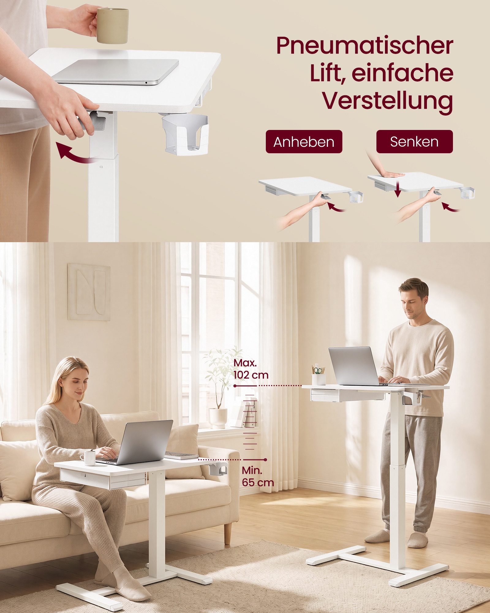 VASAGLE Schreibtisch Höhenverstellbarer Schreibtisch Laptoptisch mit Schublade und Rollen, 70 x 45 cm Für Schlafzimmer und Wohnzimmer mit Getränkehalter – Bild 3 von 5