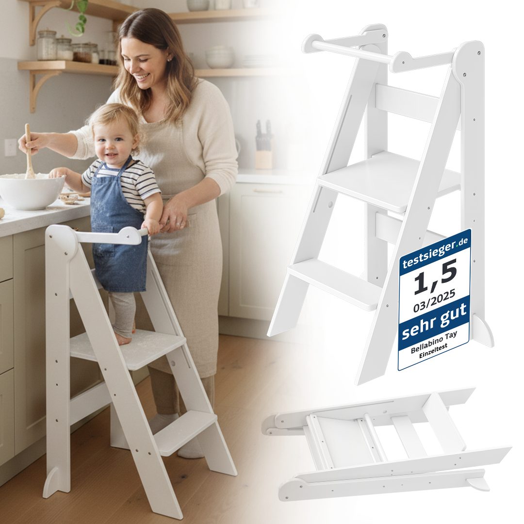 Bellabino Stehhilfe Tay 2-Fach höhenverstellbar & klappbar (Weiß), Lernturm aus Birkenholz, Montessori Tritthocker
