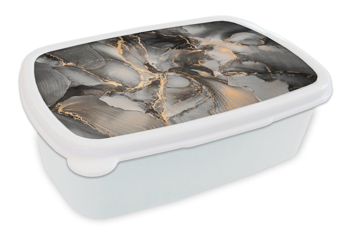 MuchoWow Lunchbox Grau - Luxus - Gold - Marmor, Kunststoff, (2-tlg), Brotbox für Kinder und Erwachsene, Brotdose, für Jungs und Mädchen weiß