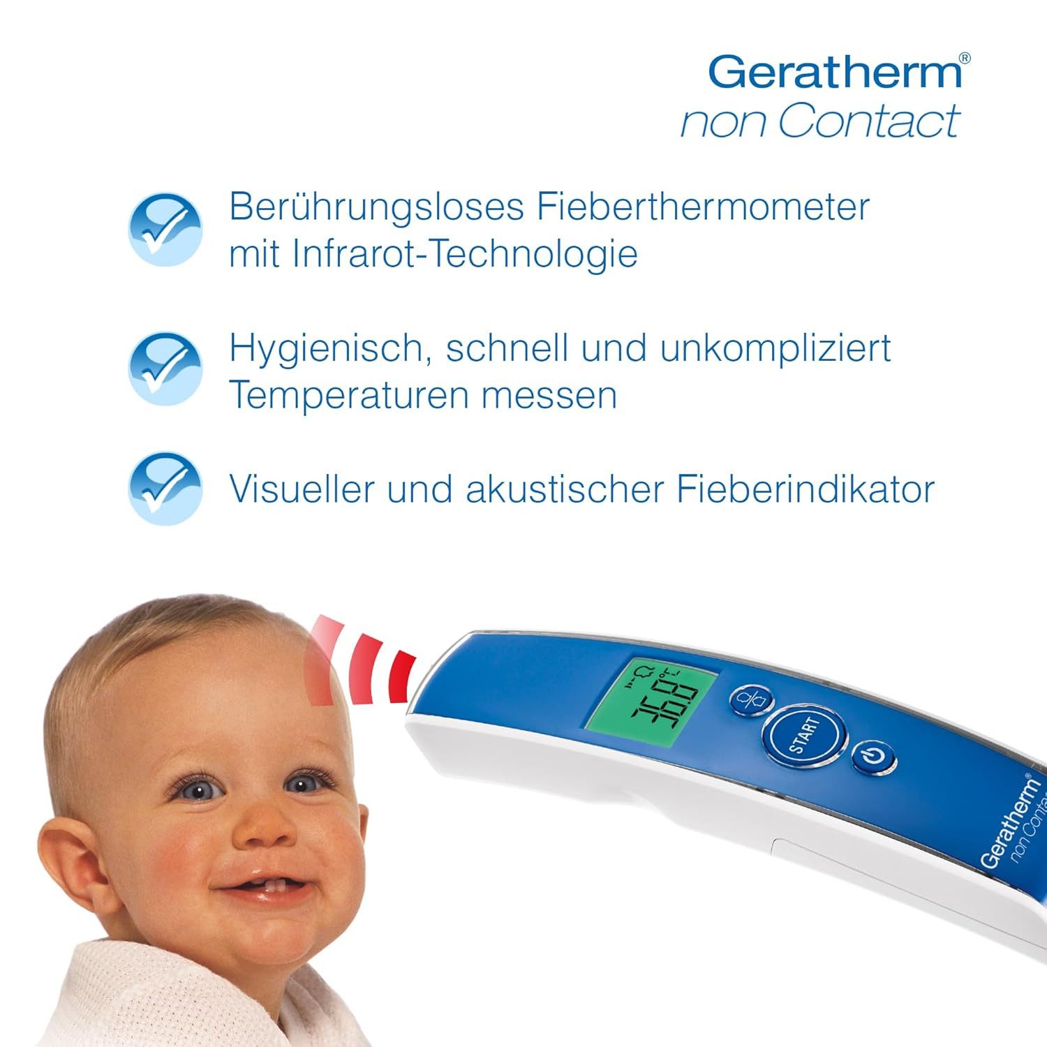 Geratherm Medical Infrarot-Fieberthermometer non Contact, beleuchtet LED-Anzeige auch im dunklen nutzbar, Made in Germany, Kontaktlos, Hochpräzise, Hygienisch, Schnellmesstechnik