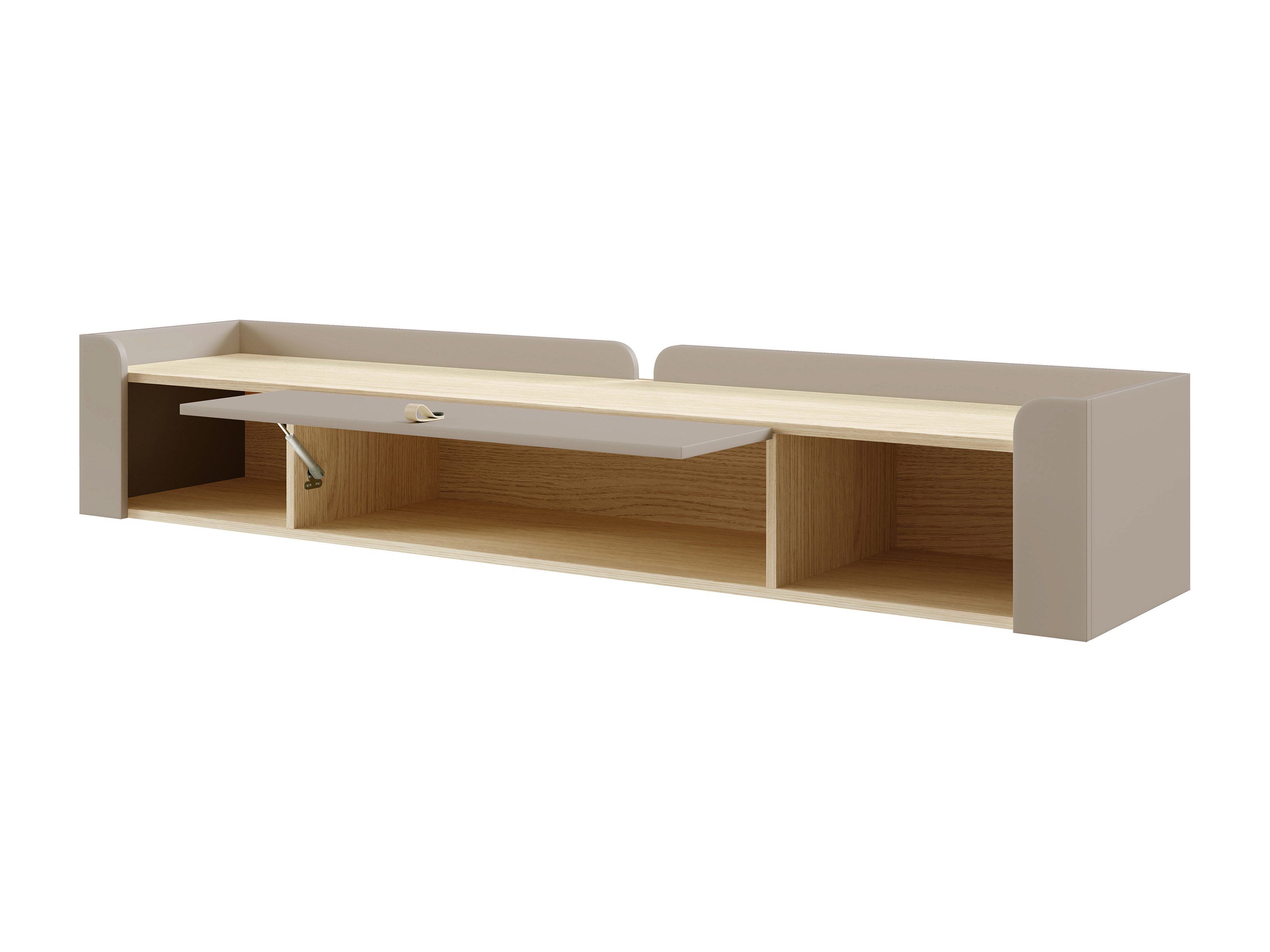 Beautysofa Wandregal SORELLA mit Klapptür, 180 cm, modernes Hängeregal mit 2 offenen Fächern, Porcini oder Macadamia mit Eiche Mavelie