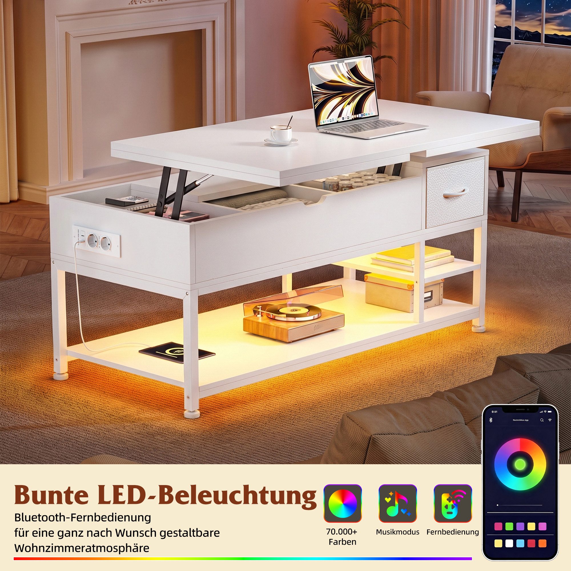 Klyvvo Couchtisch Höhenverstellbar mit LED und Stauraum, 4-in-1 Wohnzimmertisch (1-St), Steckdosen, USB, Coffee Table für Wohnzimmer, Büro, 1 Schubladen – Bild 3 von 5