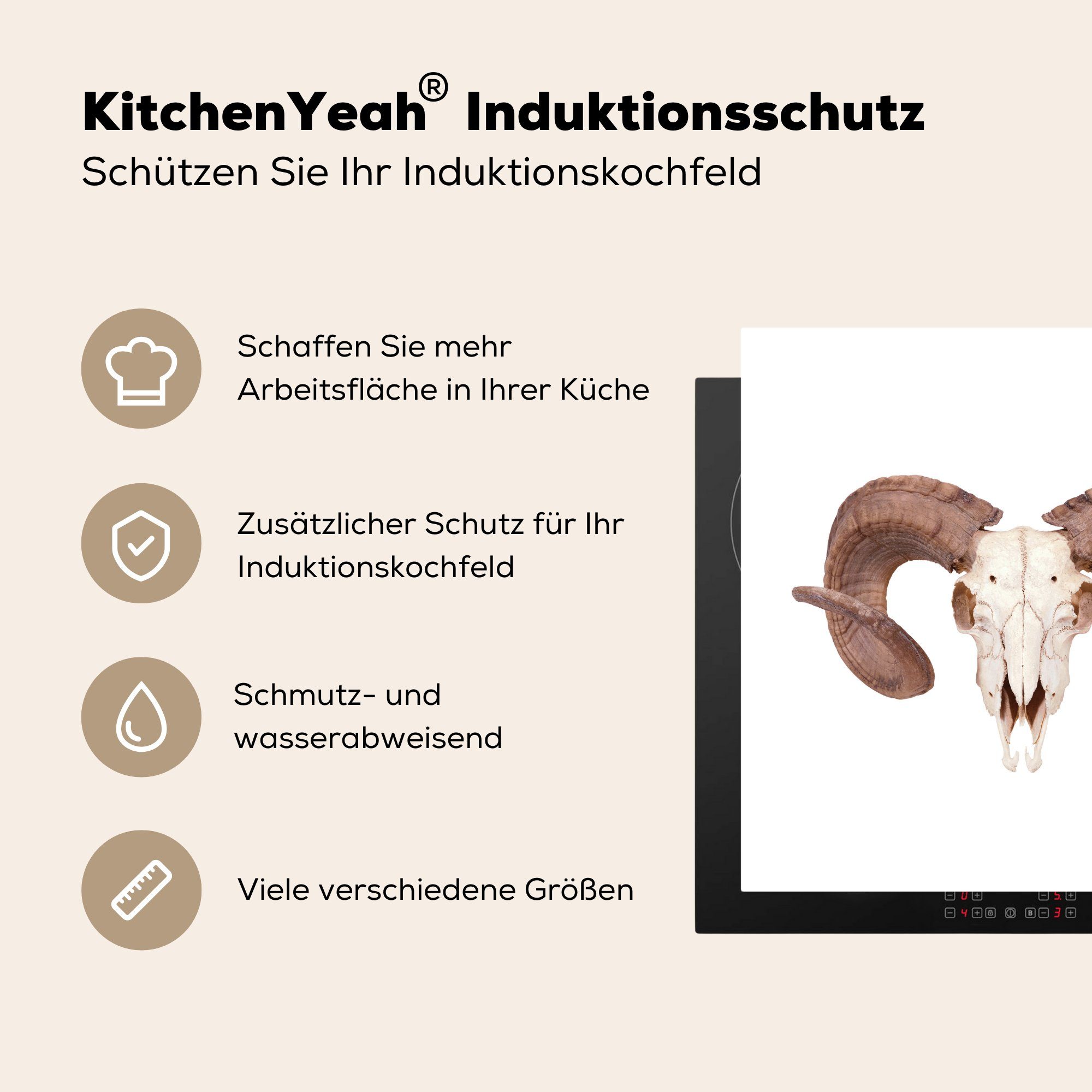 MuchoWow Herdblende-/Abdeckplatte küche 78x78 - Schaf (1 Horn, Arbeitsplatte Schädel für Vinyl, Ceranfeldabdeckung, tlg), - cm