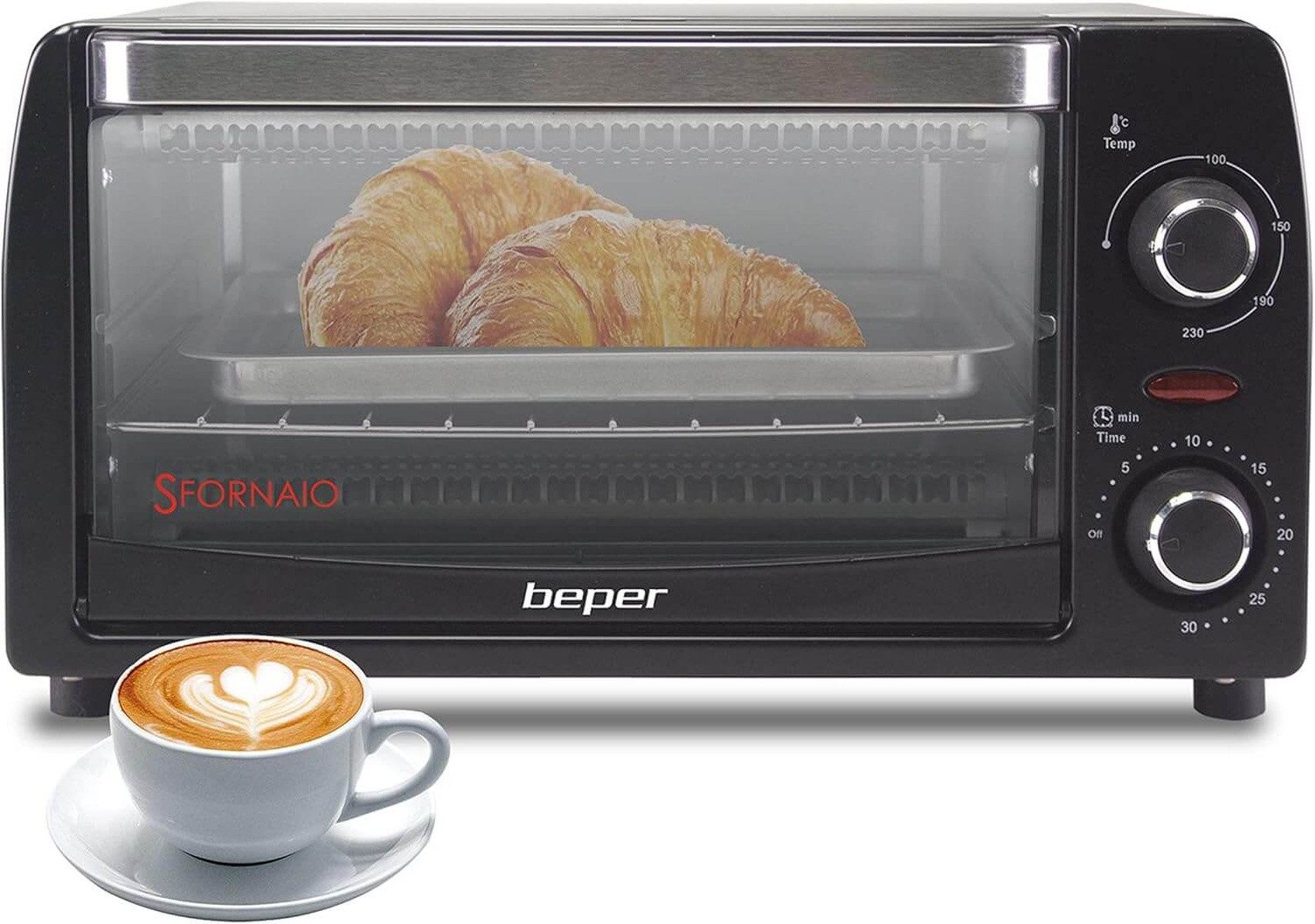 Beper Minibackofen Mini-Backofen 12 L, 1050 W, Timer & Temperatur bis 230 °C, 1050 W für schnelles Garen, Überbacken oder Aufwärmen.