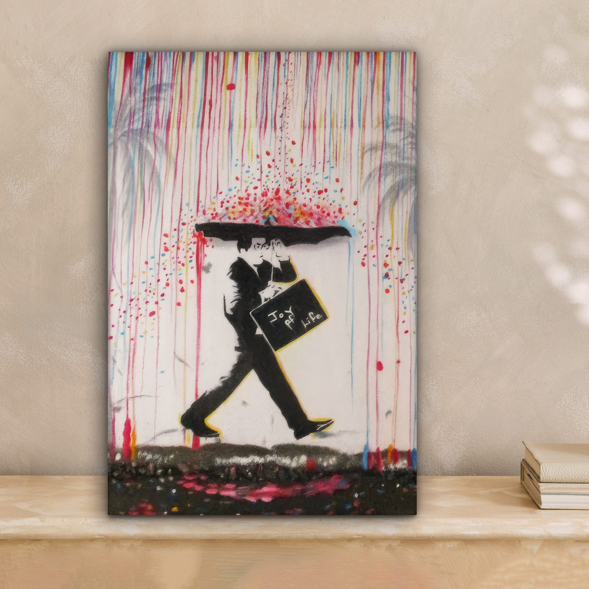 OneMillionCanvasses® Leinwandbild Regen - Graffiti - Mann - Banksy-Stil, Fo günstig online kaufen