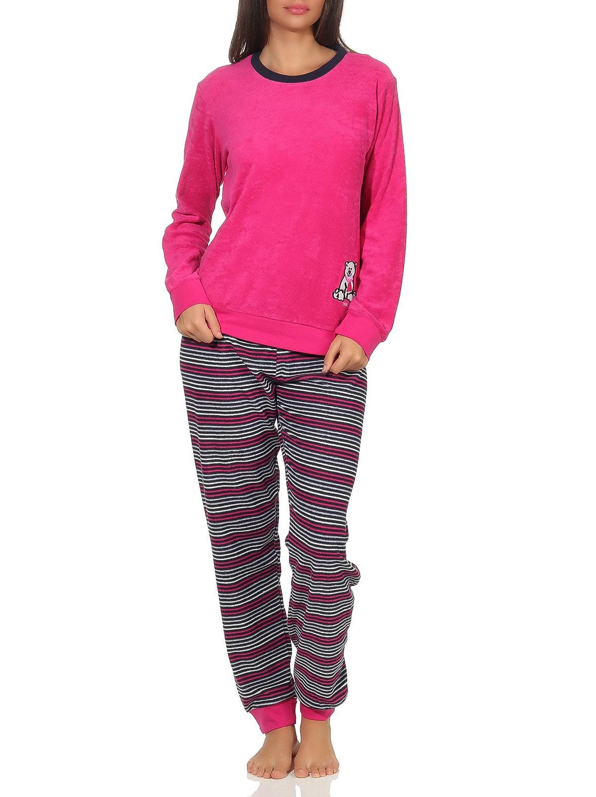 Pyjama Damen Frottee Schlafanzug mit Bündchen und süsser Bär-Applikation