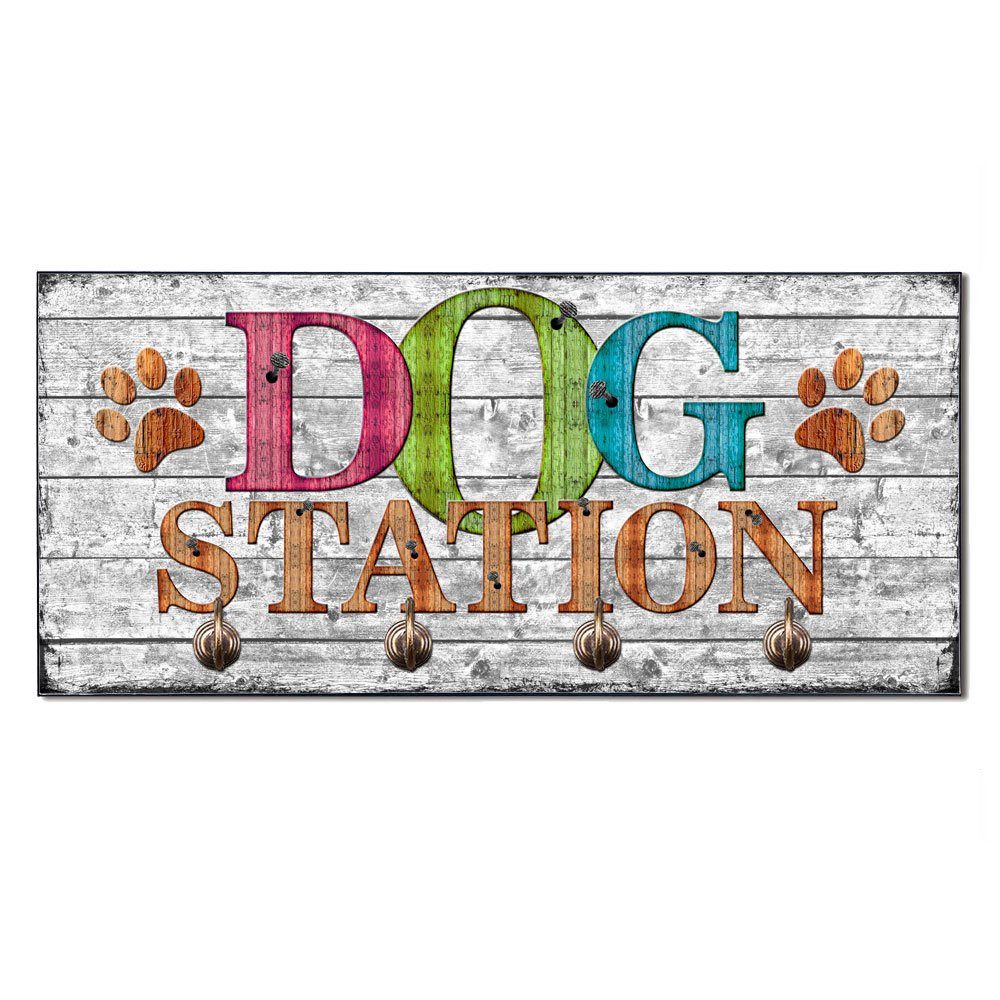 Cadouri Wandgarderobe DOG STATION Hundegarderobe - Wandboard für Hundezubehör (Garderobe mit 4 Haken), MDF, mit abgeschrägten Ecken, handgefertigt, für Hundebesitzer