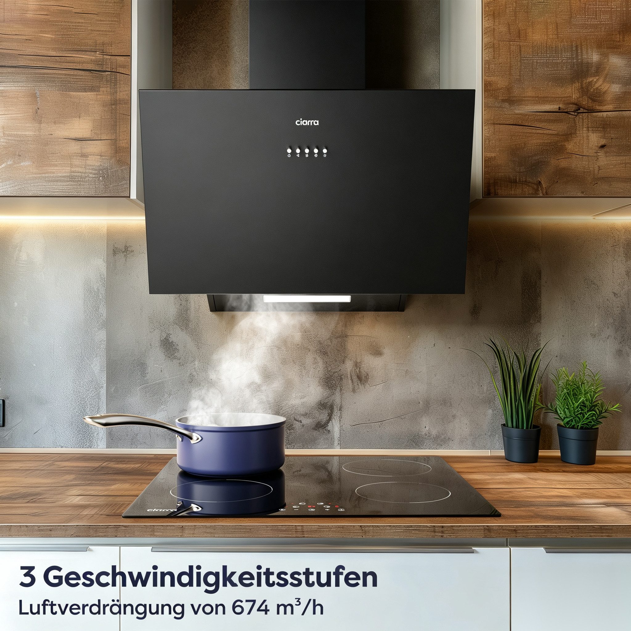 CIARRA Kopffreihaube 60 cm Dunstabzugshaube A+++ 674 m³/h starke Saugleistung VM6762AB 60 cm Dunstabzugshaube A+++ 674 m³/h starke Saugleistung VM6762AB, Leise Schräghaube mit Kohlefilter LED Umluft & Abluft 3 Stufen