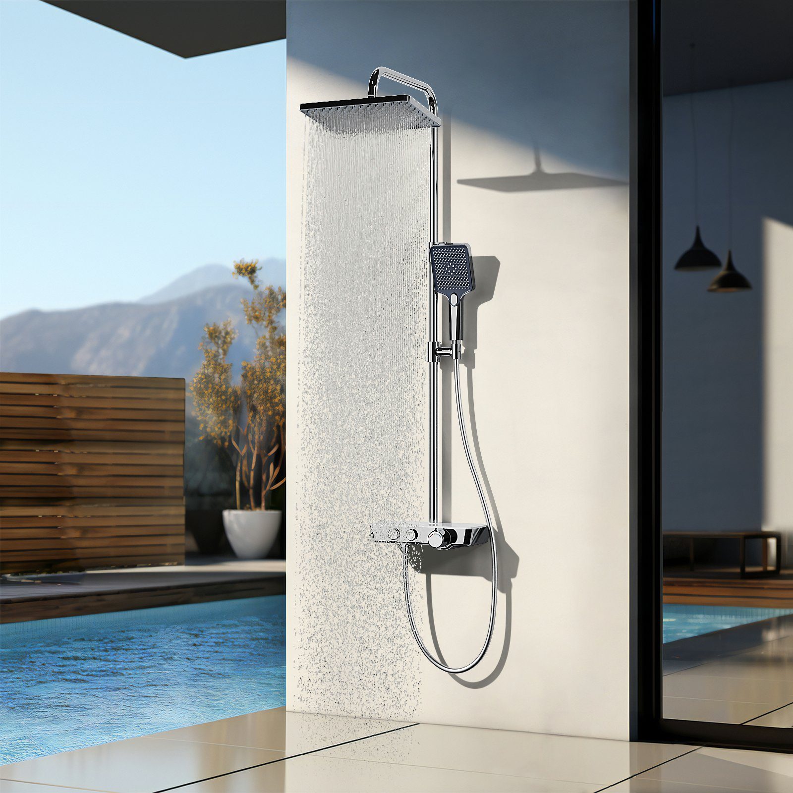 EMKE Duschsystem Duschsystem mit Thermostat, Handbrause mit 3 Strahlstärken, 3 Strahlart(en), Wasserfall-Auslauf, Duschsäuleset Duschgarnitur mit glasablage