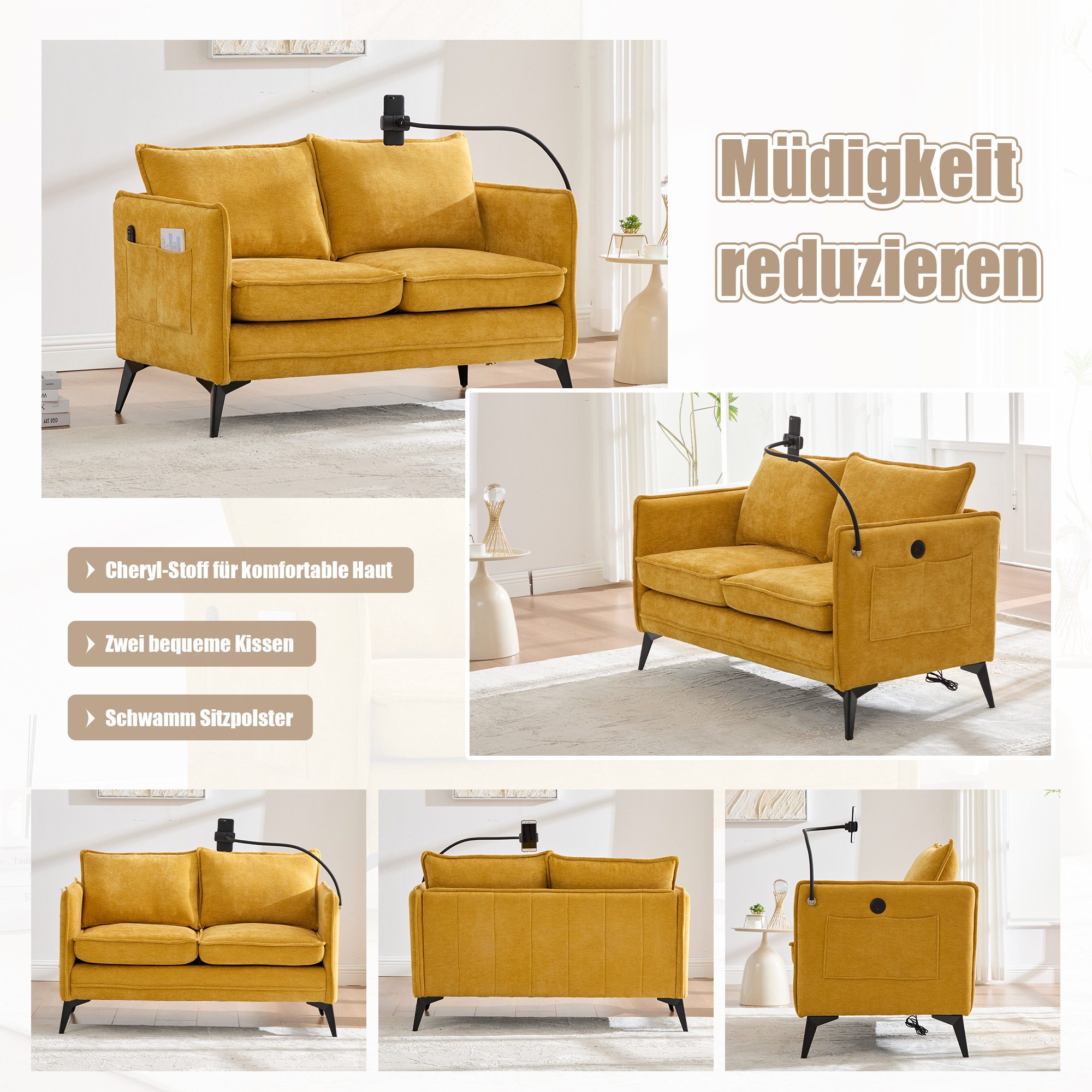 Totnz Sofa Zweisitzer Sofa mit Chenille Bezug, Handyhalterung, Seitenfächern, für Schlafzimmer, Wohnzimmer und kleine Räume