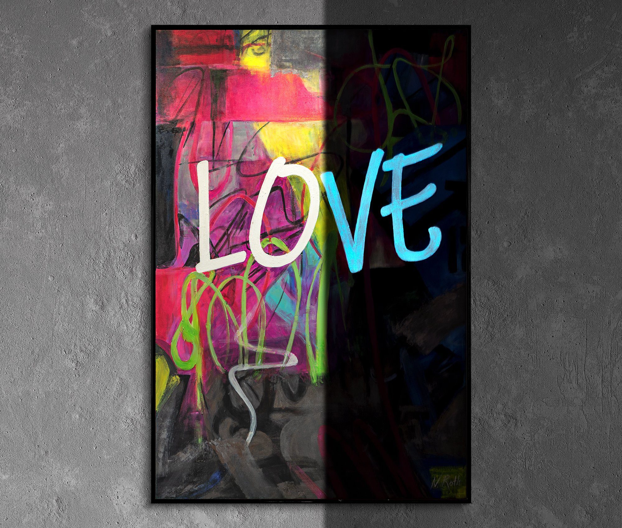 Gemälde Abstraktion Rahmen Love, in YS-Art Schwarz Mit