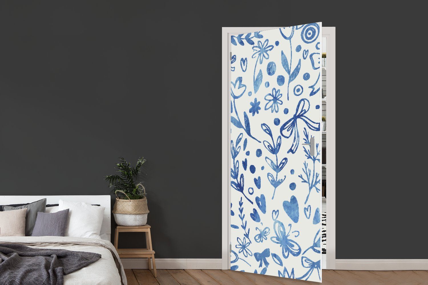 Türtapete St), für florales 75x205 bedruckt, Muster Farben, in cm MuchoWow Fototapete (1 blauen Tür, Türaufkleber, Matt, Ein