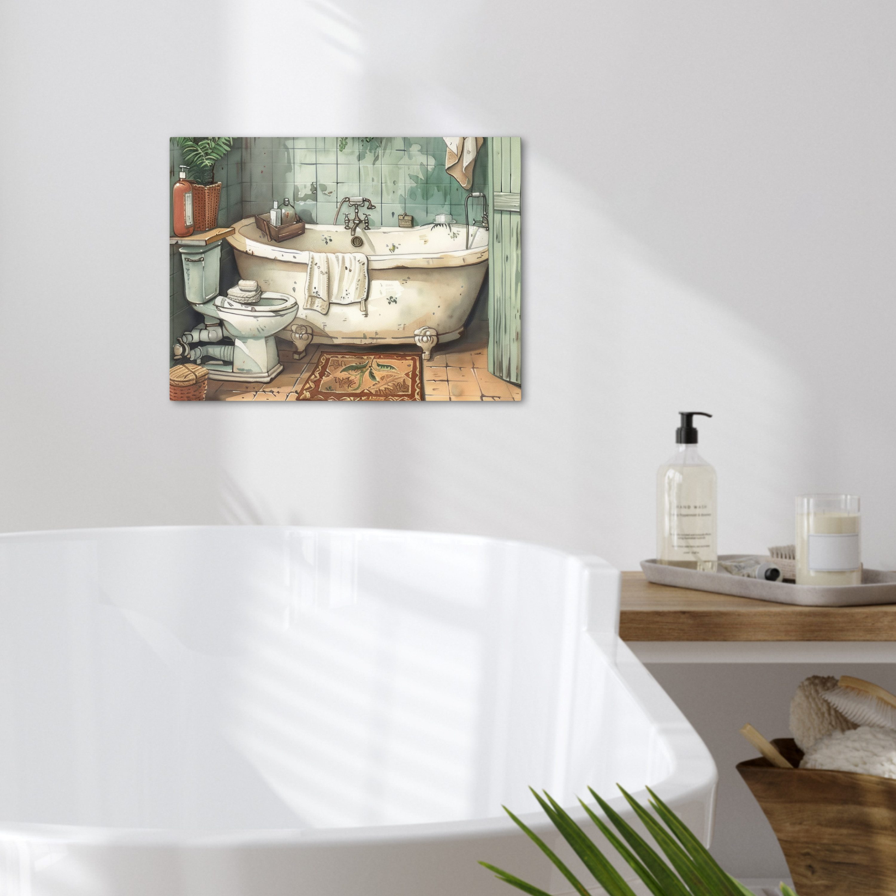 OneMillionCanvasses® Leinwandbild Vintage - Badewanne - Badezimmer - Illustration, Fotodruck (1 St), Badezimmer Deko, Klo Bilder, WC und Badezimmerdeko 40x30 cm